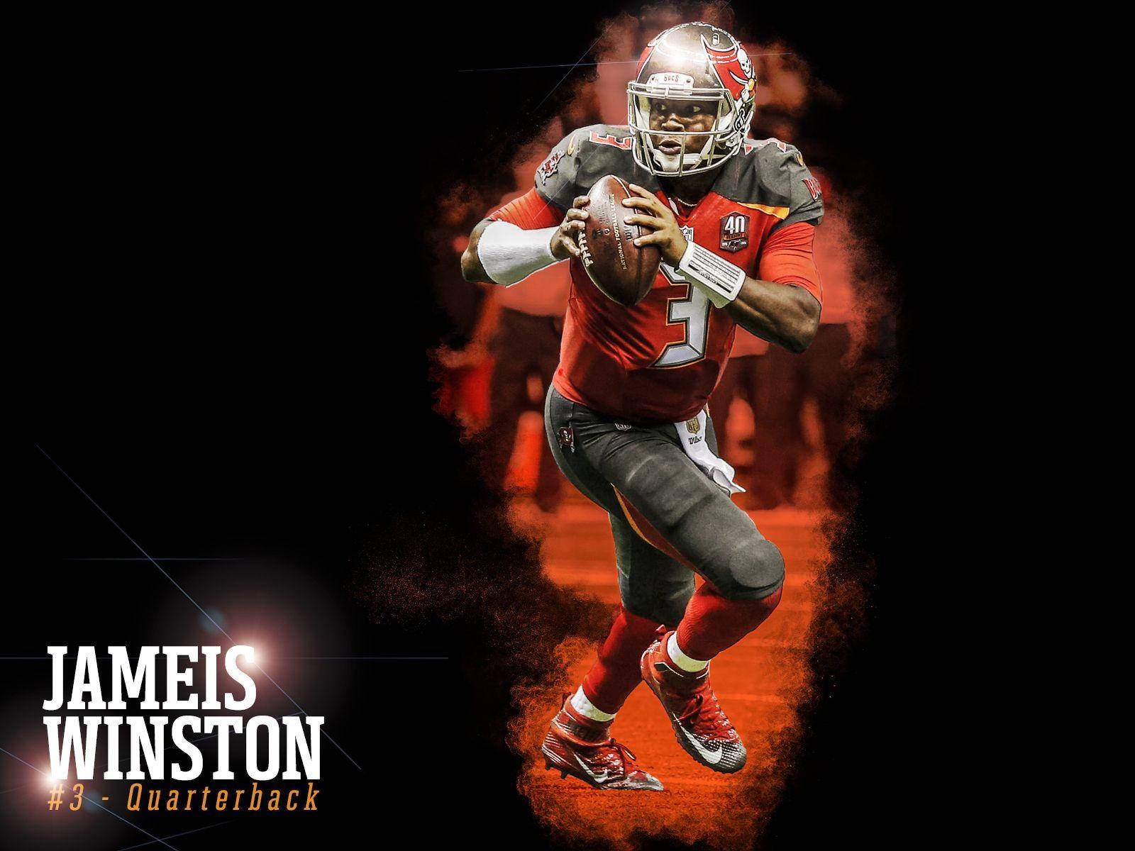 Jameis Winston 數位藝術作品 壁紙 — 身穿坦帕灣海盜隊球衣的四分衛Jameis Winston準備在熾熱的橙色和黑色背景下擲出橄欖球。
