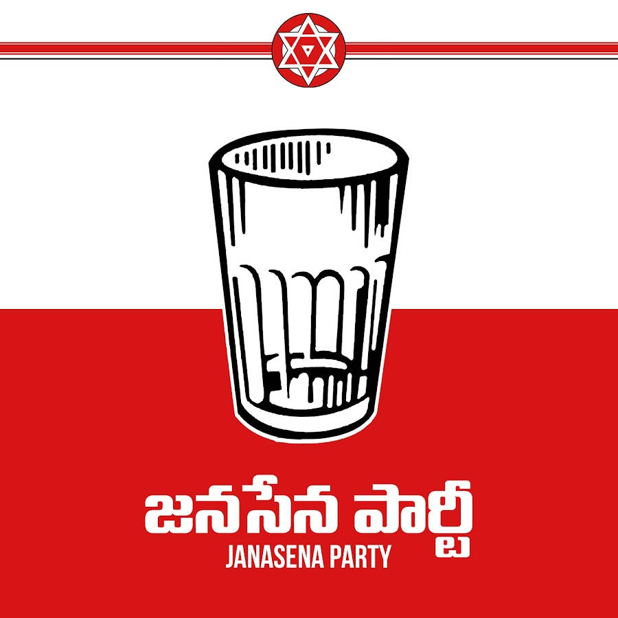 Janasena 政黨標誌，帶有紅色和白色的玻璃杯和星星符號。
