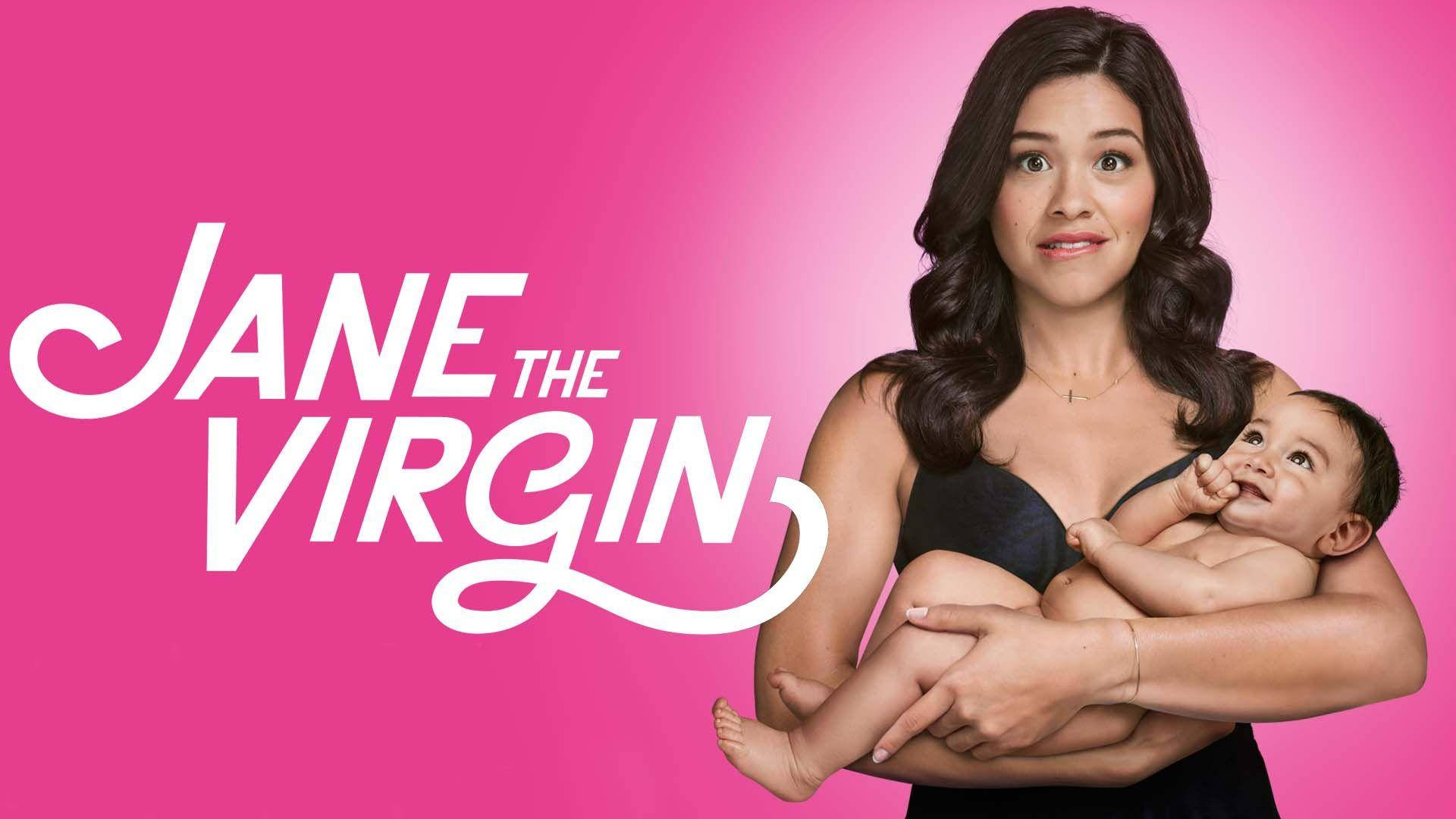 女性抱著嬰兒，粉紅色背景上有 'Jane the Virgin' 標題。