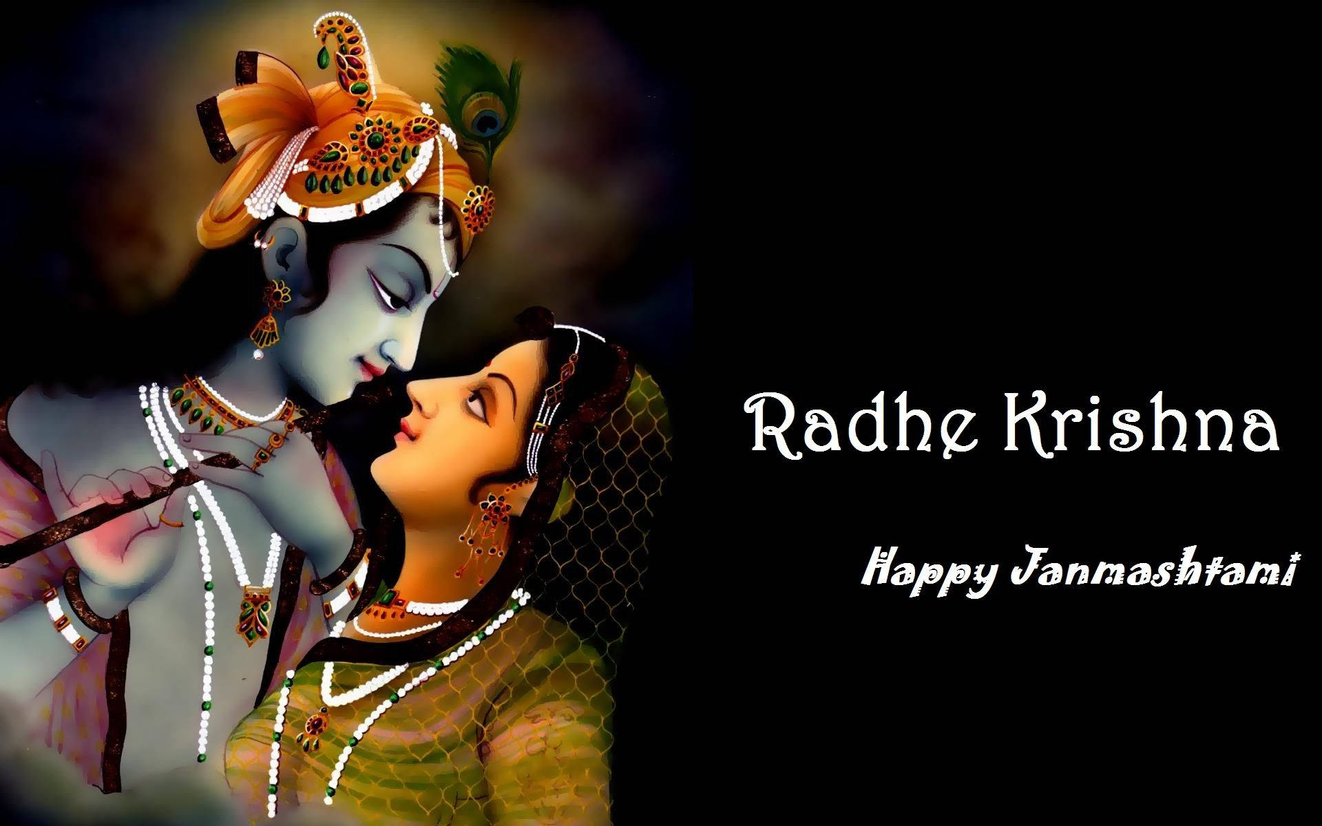 穿著傳統服飾的拉妲和克里希納，帶有'Radhe Krishna Happy Janmashtami'文字。