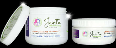 Janto保養霜產品展示 壁紙 — 兩個白色Janto護膚罐，帶蓋，其中一個打開，在黑色背景上閃爍著火花。