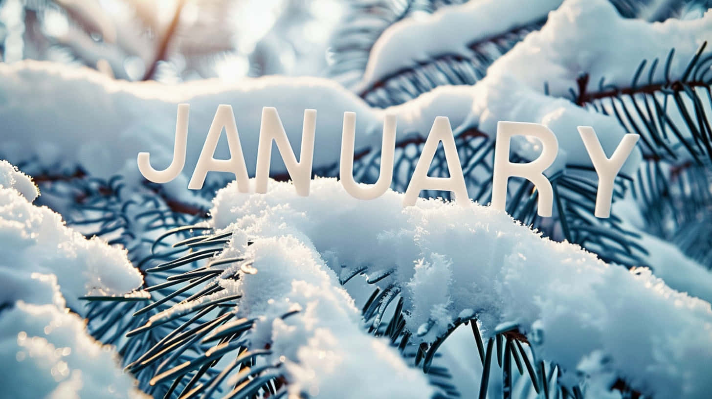 壁紙 — 「January」呢個字喺柔軟嘅冬日陽光下，躺喺常綠樹枝上嘅脆雪之中。