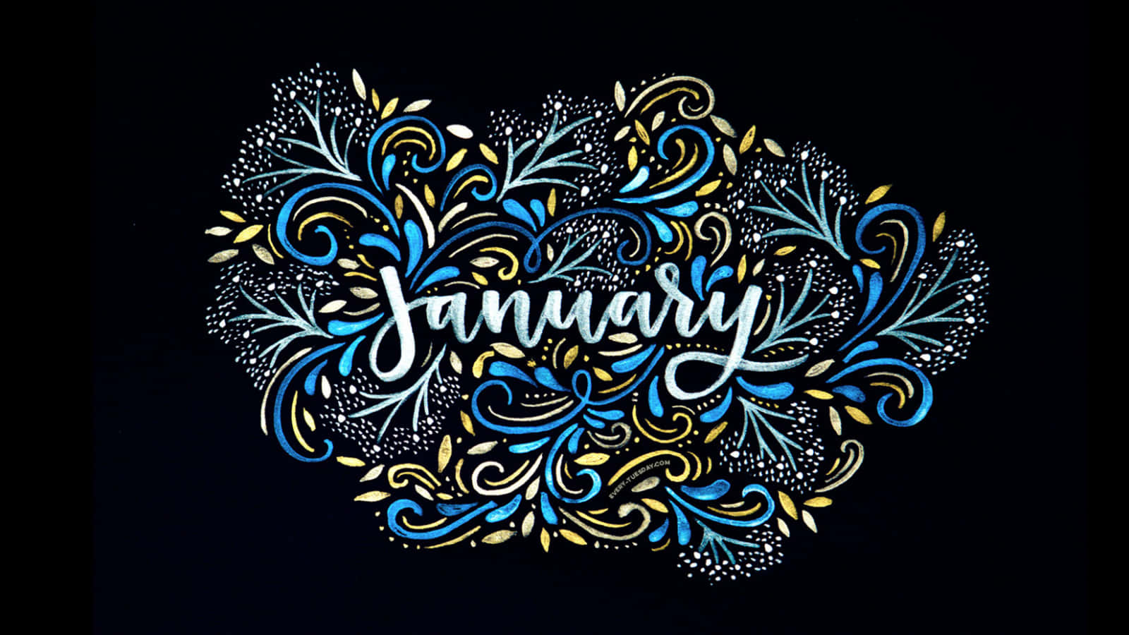 黑色背景上帶有藍色金色漩渦的January文字藝術