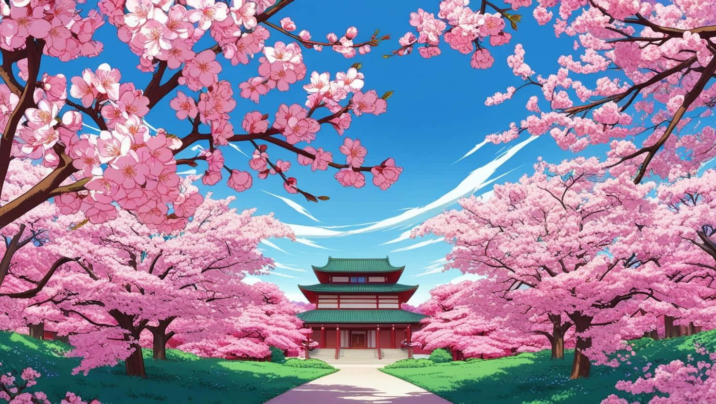 粉紅櫻花樹排列在通往紅綠寶塔的小徑兩旁，天空湛藍。
