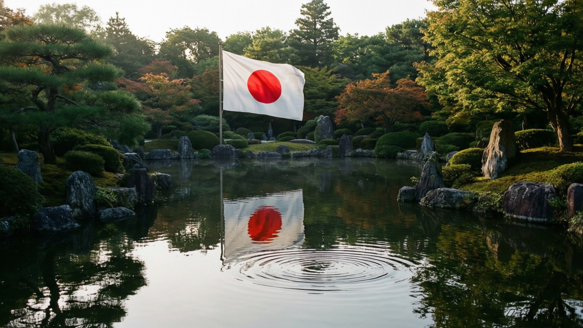 日本國旗倒映在平靜的池塘中，周圍環繞著庭園石頭和樹木。