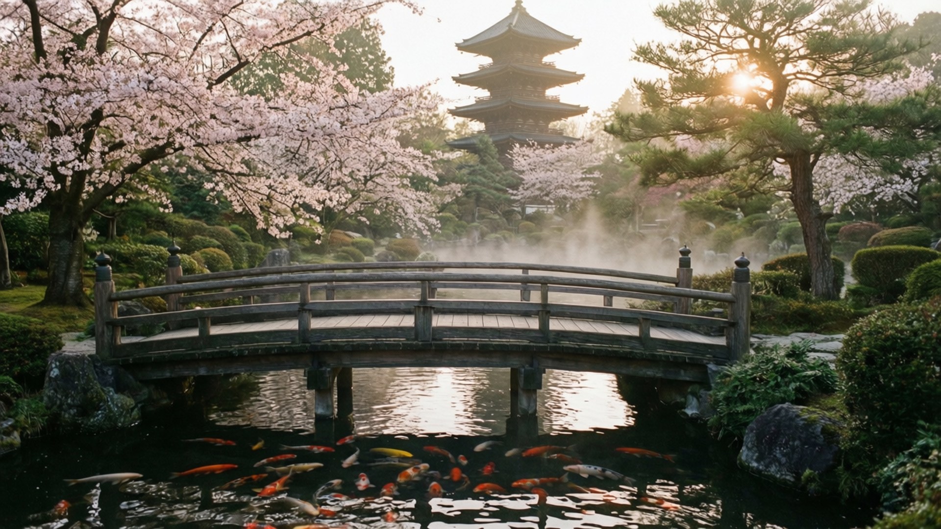 木橋橫跨錦鯉池，櫻花盛開，寶塔在霧氣瀰漫的日出花園中