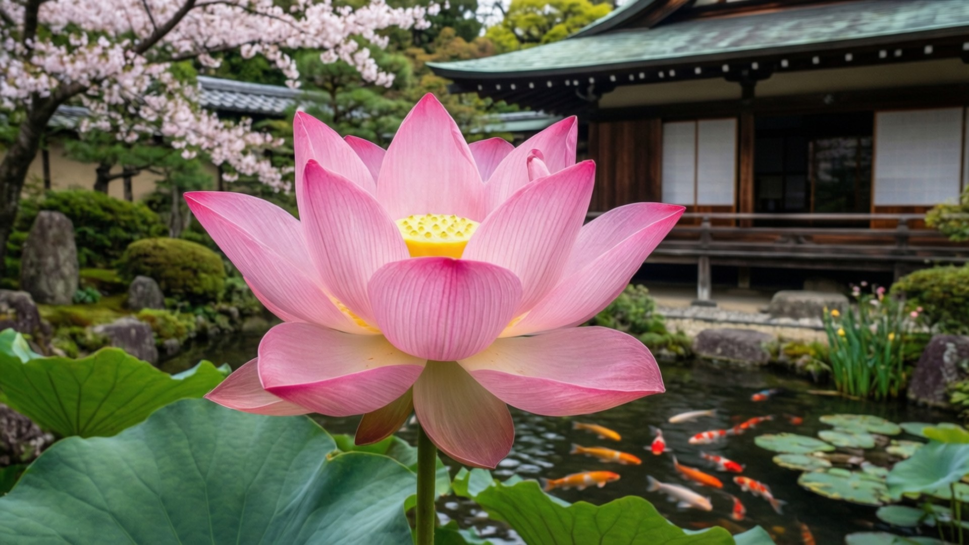 池塘中的粉紅色蓮花，背景有錦鯉和日本寺廟