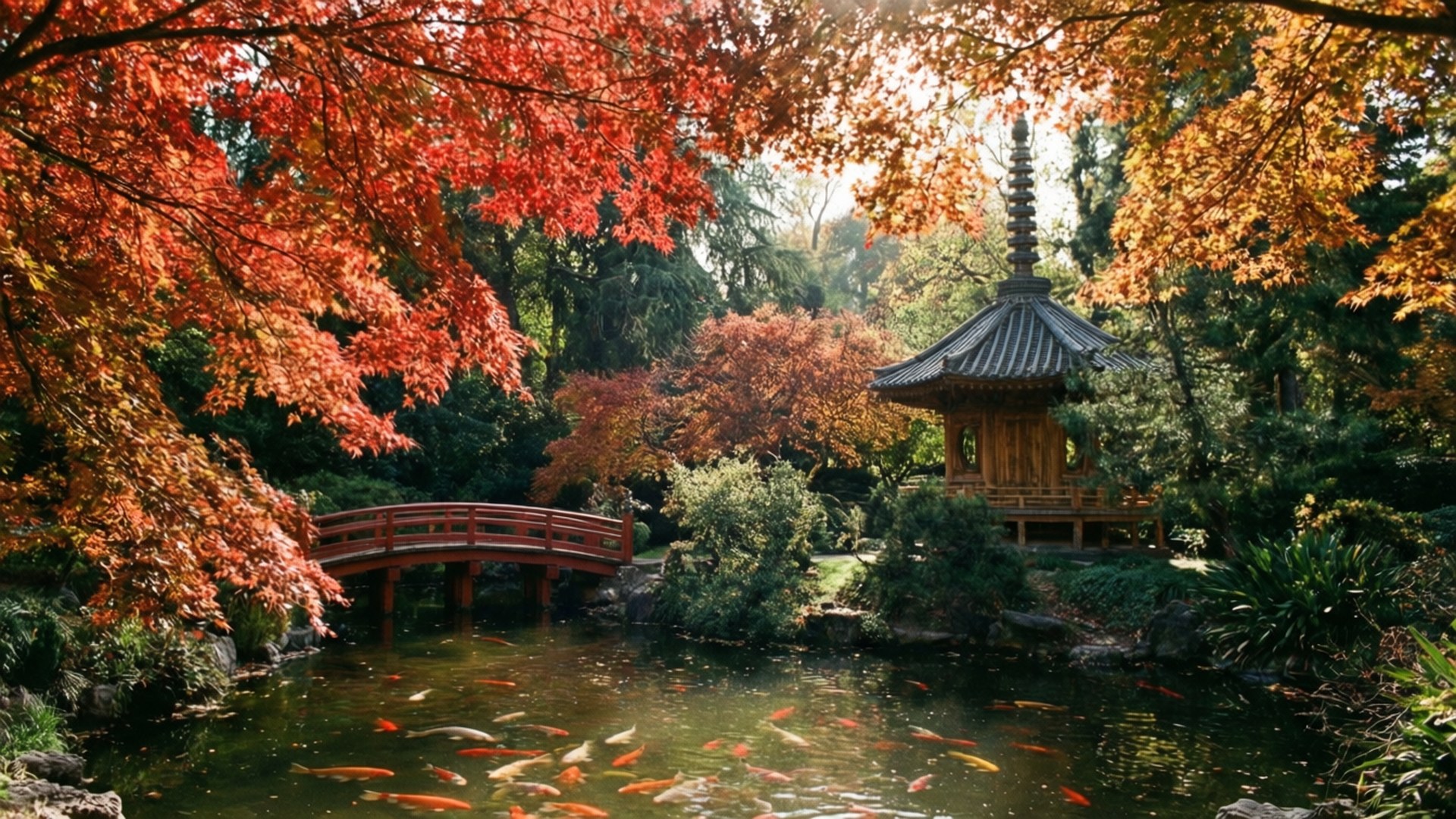 一個平靜的日本花園池塘，錦鯉在紅色橋樑和寶塔下，周圍是秋季楓樹。