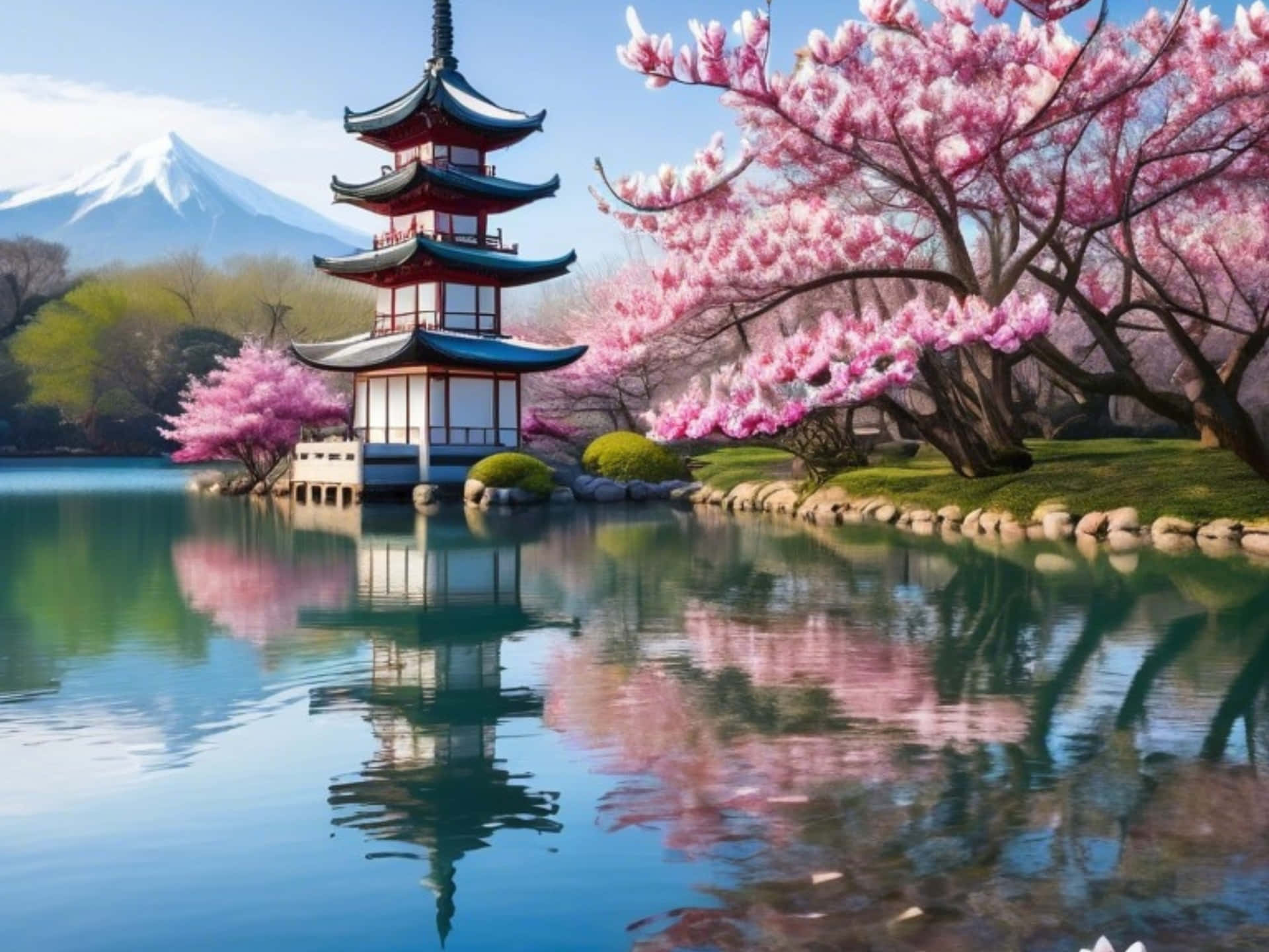 傳統日本寶塔，旁邊有湖，背景有櫻花和雪山。