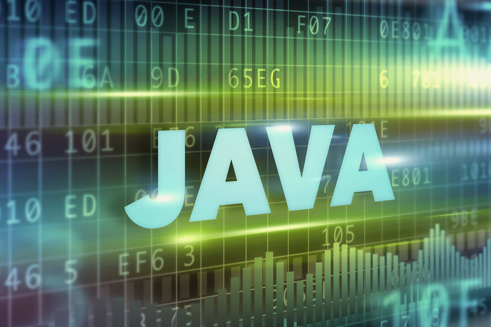 程式碼 桌布 壁紙 — 「JAVA」一詞在綠色和黃色的十六進制代碼及數據條的數碼背景上發出淺藍色光芒。