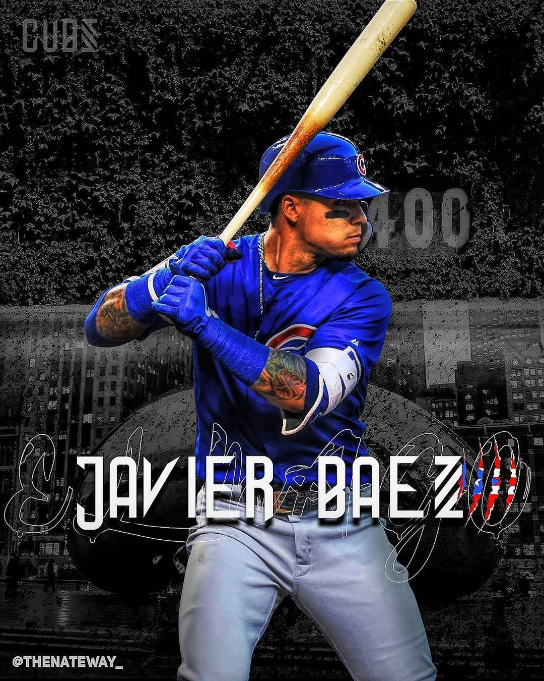 棒球手 Javier Baez 身穿小熊隊制服揮棒，紋身清晰可見。