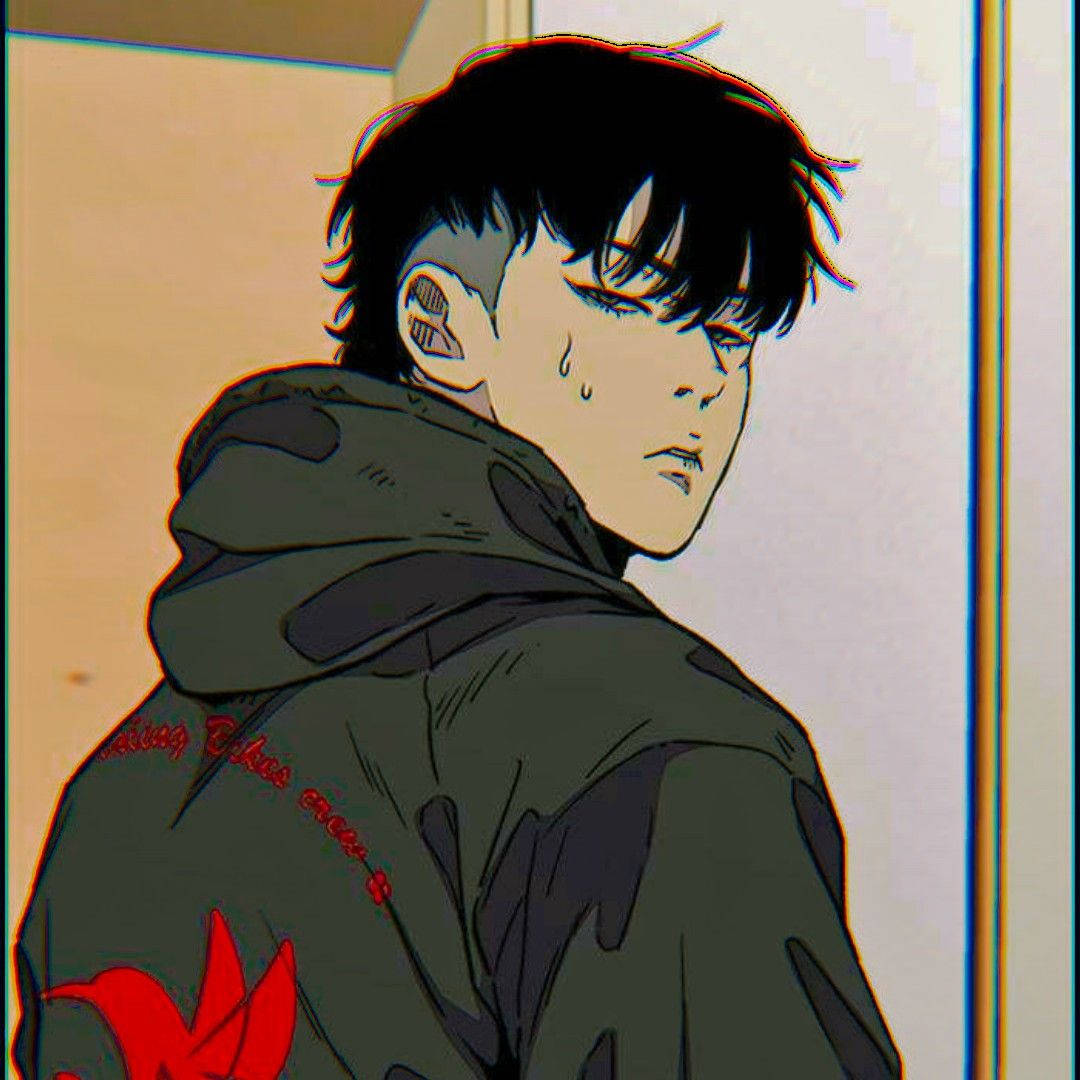 Jay Jo 复古藝術風格 壁紙 — 一個穿著深色連帽衫的憂鬱動漫男孩，帶著悲傷的表情回頭看，流下一滴眼淚。