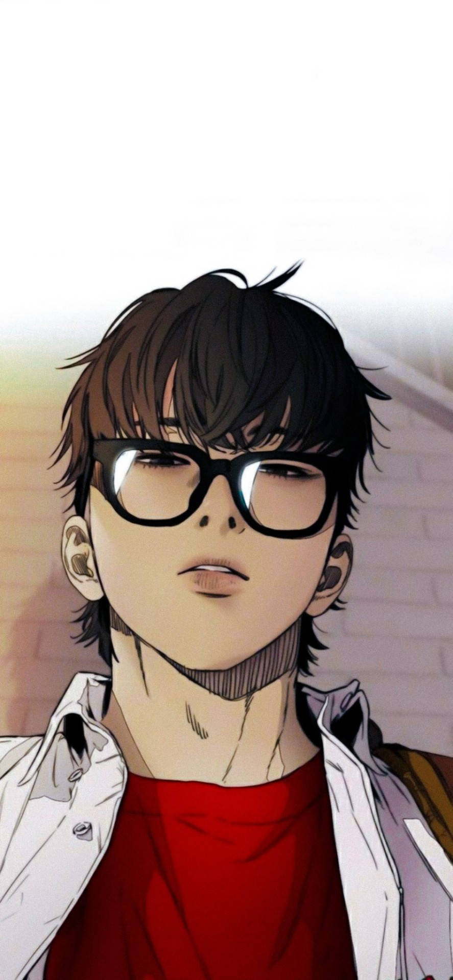 Jay Jo 自拍照 壁紙 — 一個年輕的動畫男性，擁有凌亂的棕色頭髮和黑色眼鏡，穿著紅色襯衫，外面套著敞開的白色外套，背景是柔軟的磚牆。