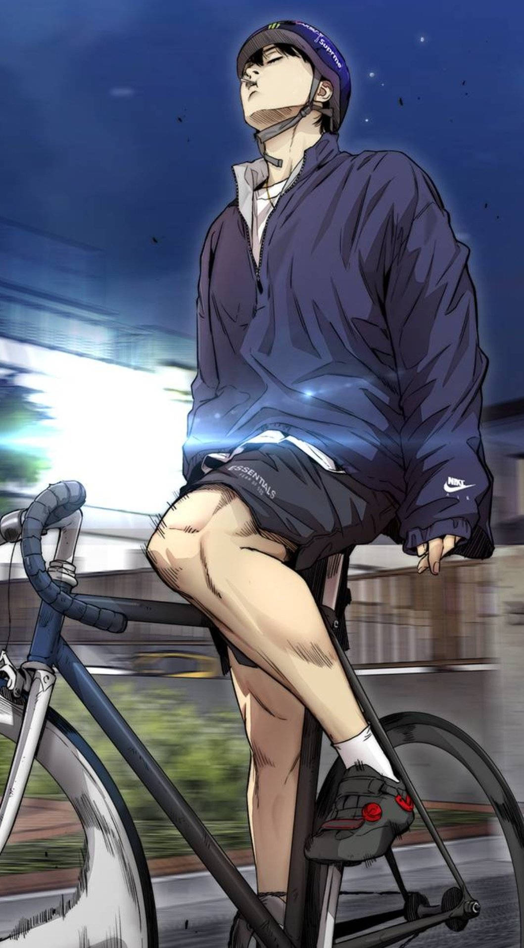 Jay Jo 雙手離把騎車 壁紙 — 一名戴頭盔的年輕男子在星空下騎單車，伴隨著動態模糊的痕跡。