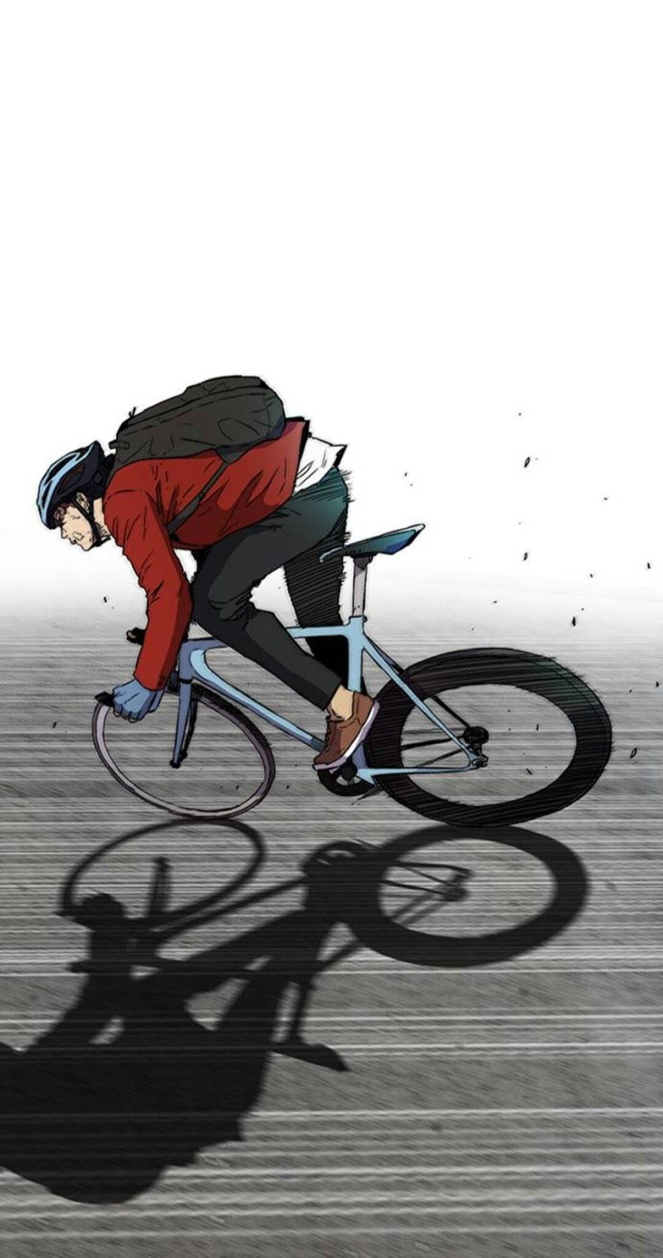 Jay Jo 騎自行車 壁紙 — 一位身穿紅色外套和頭盔的單車手，騎著淺藍色單車轉彎傾斜，在灰色道路上投下長長的影子。