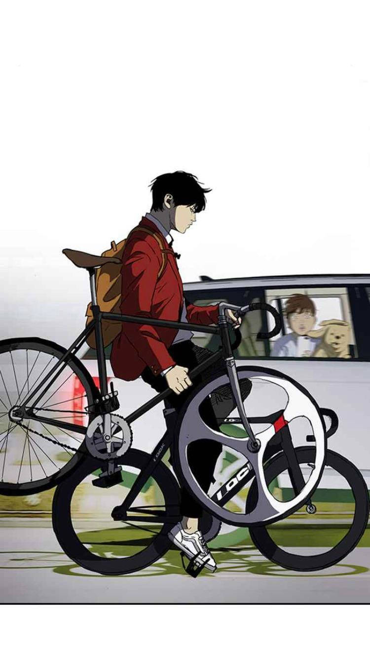 Jay Jo 高速公路騎車 壁紙 — 一名身穿紅色外套的年輕男子扛著一輛時尚的黑色單車，經過一輛車內有兩名乘客可見的汽車。