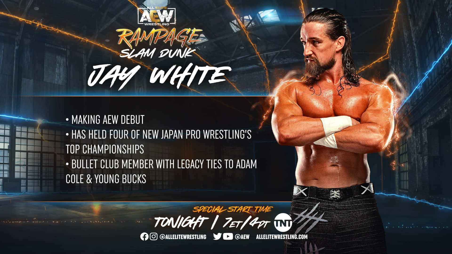 摔角手 Jay White 在黑暗的競技場中交叉雙臂擺姿勢，帶有電光效果。