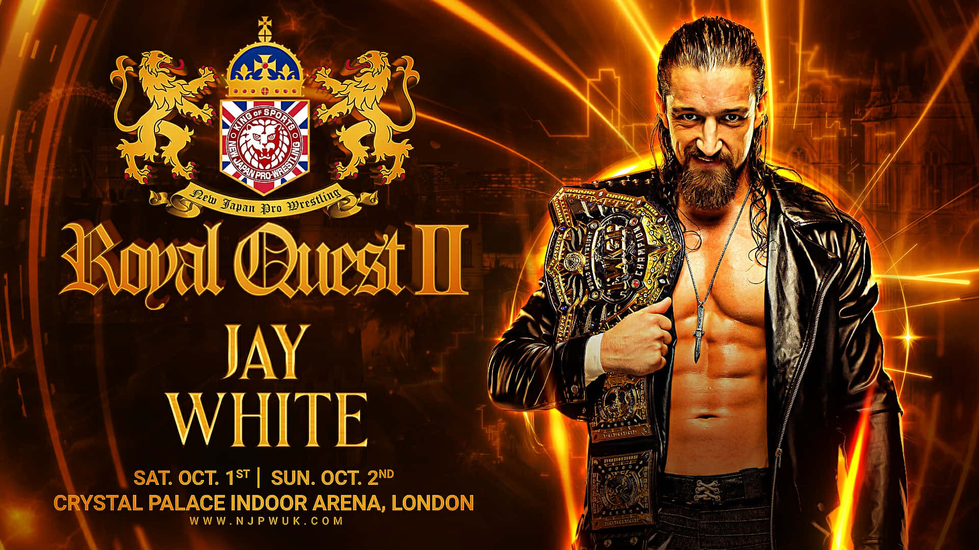 摔角手 Jay White 在 Royal Quest II 活動中手持冠軍腰帶。