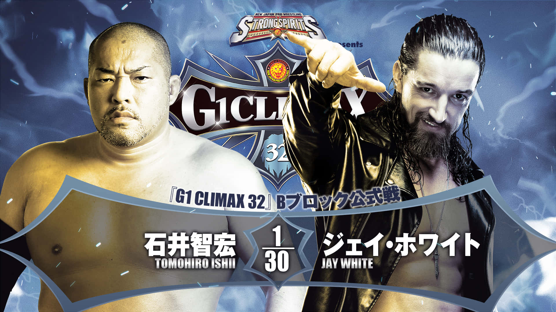 Jay White 對戰 Tomohiro Ishii 壁紙 — 兩位肌肉發達的摔角手在暴風雨般的藍色背景前對峙，附有活動文字和日文名字。