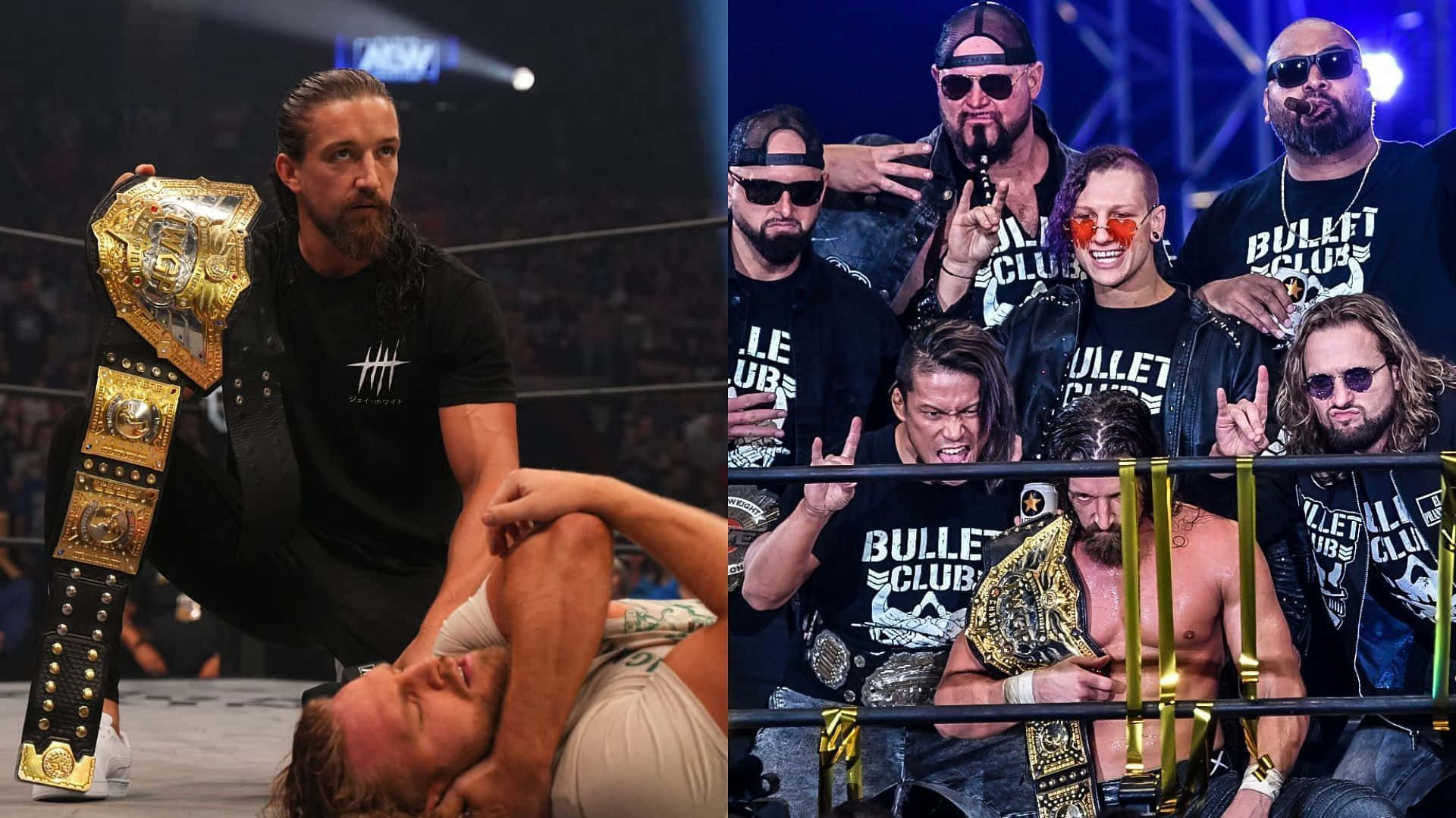 Jay White 手持勝利腰帶 壁紙 — 摔角手帶著冠軍腰帶在擂台上壓制對手，而 Bullet Club 團隊在背景慶祝。