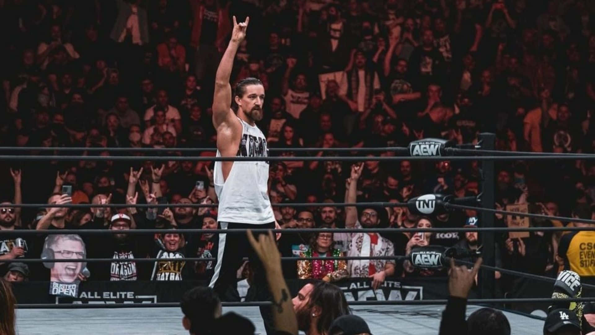 Jay White 登場 AEW 節目 壁紙 — 一名穿著白色背心的摔角手在摔角場內高舉勝利的手，周圍是歡呼的粉絲。