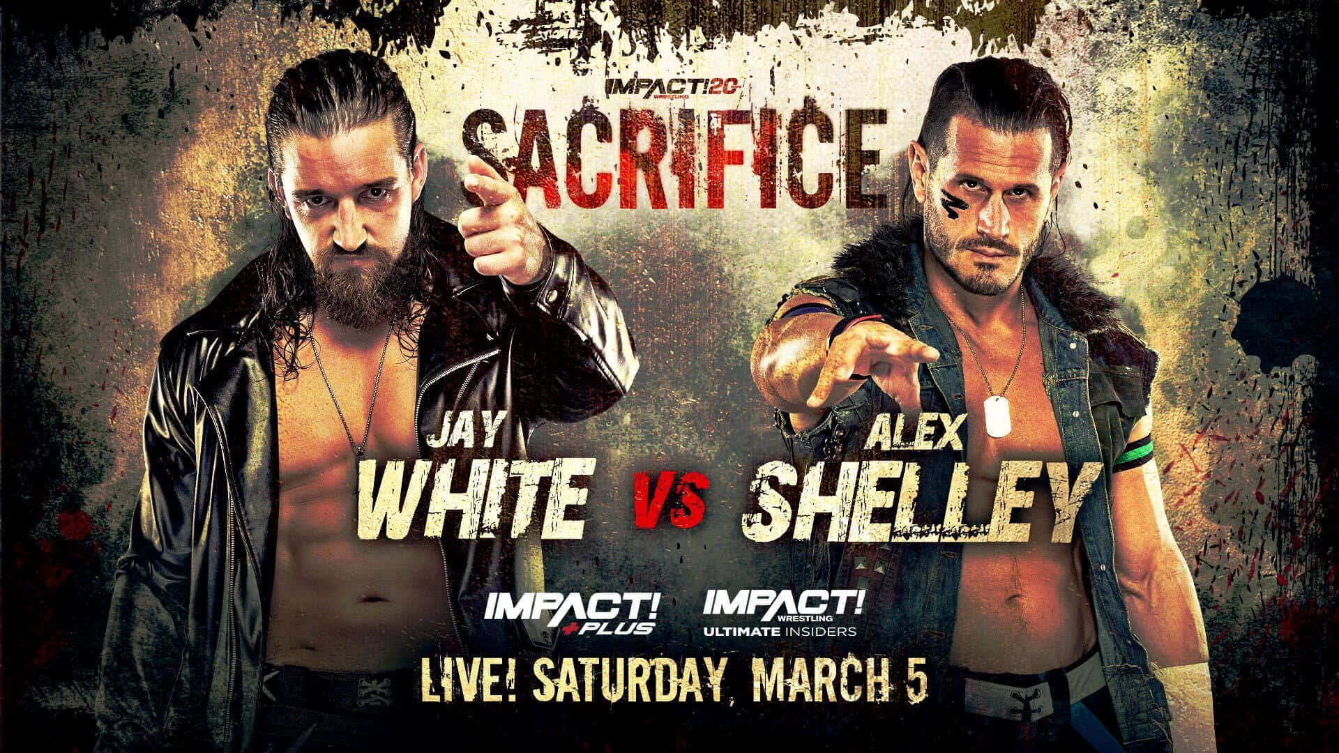 摔角手 Jay White 和 Alex Shelley 在一張血腥的 Impact Wrestling 活動海報中對峙。