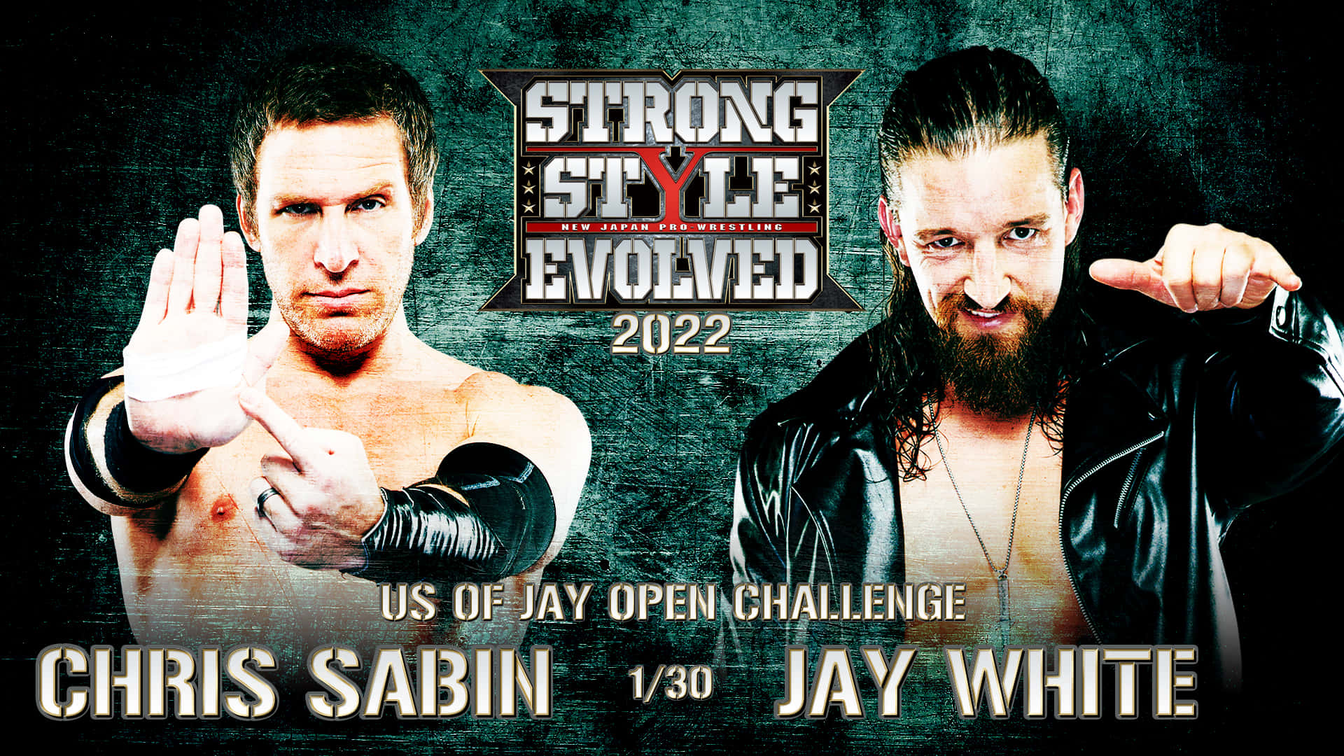 摔角手 Chris Sabin 和 Jay White 以戰鬥姿勢用於 NJPW Strong Style Evolved 2022 活動海報。
