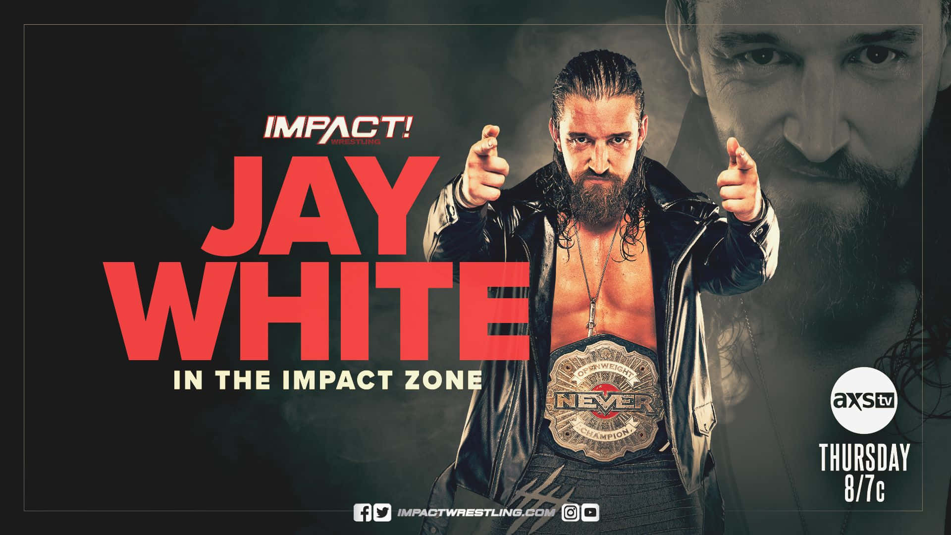 摔角手 Jay White 戴著冠軍腰帶在宣傳海報中向前指。