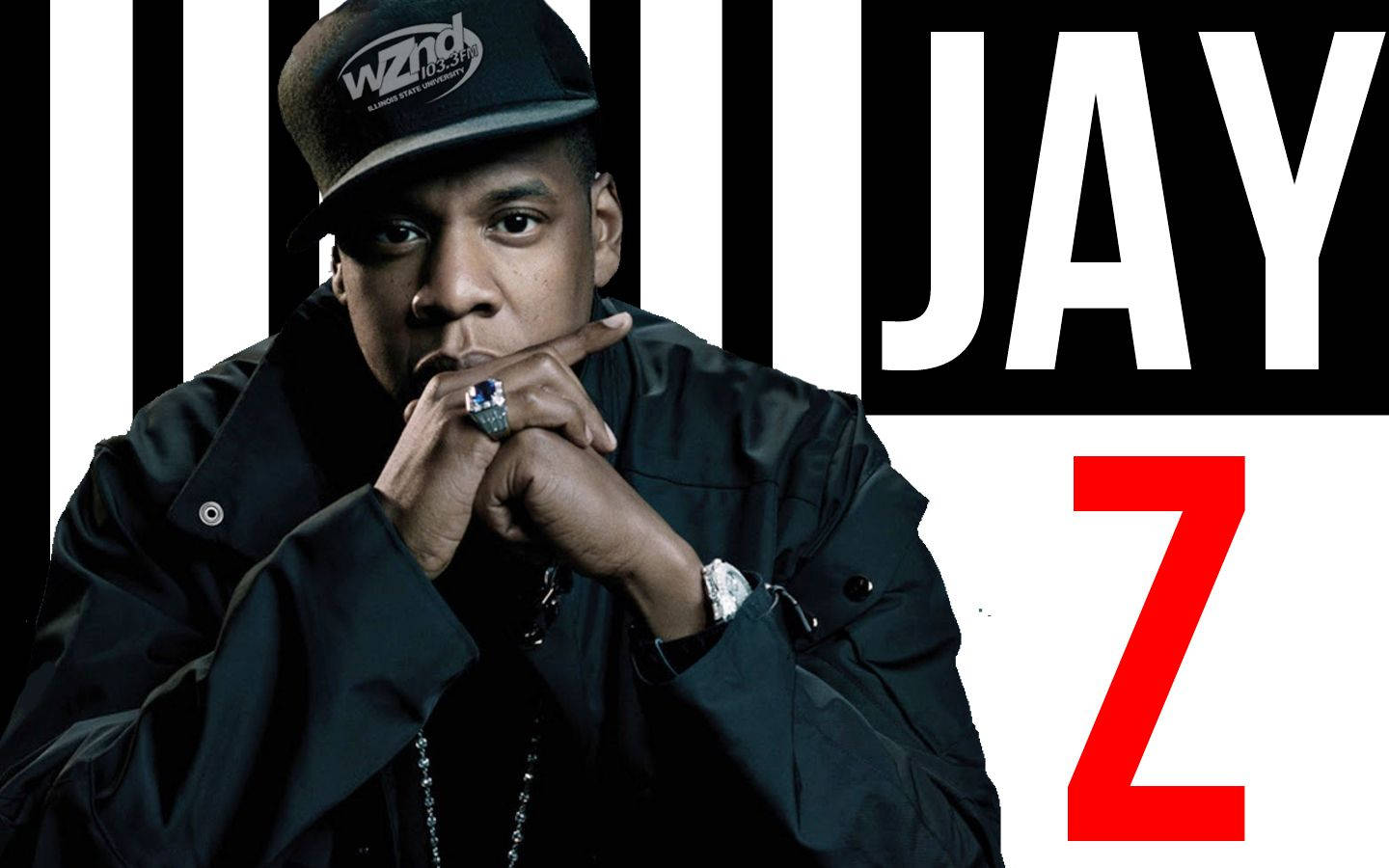 Jay-Z 黑白條紋背景 壁紙 — Jay Z 雙手交疊於下巴下方，對著大膽的黑白紅圖形文字凝視。