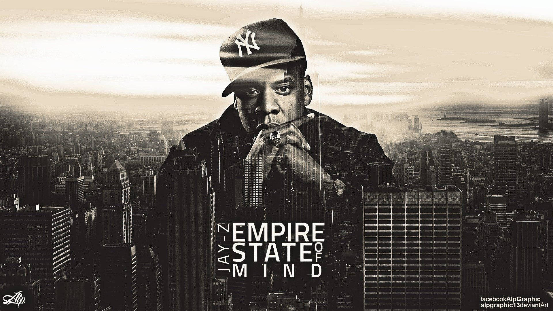 Jay-Z 帝國州心 壁紙 — Jay-Z 戴著 Yankees 帽子，手持香煙，背景是紐約的懷舊色調天際線，並帶有 'Empire State of Mind' 文字。