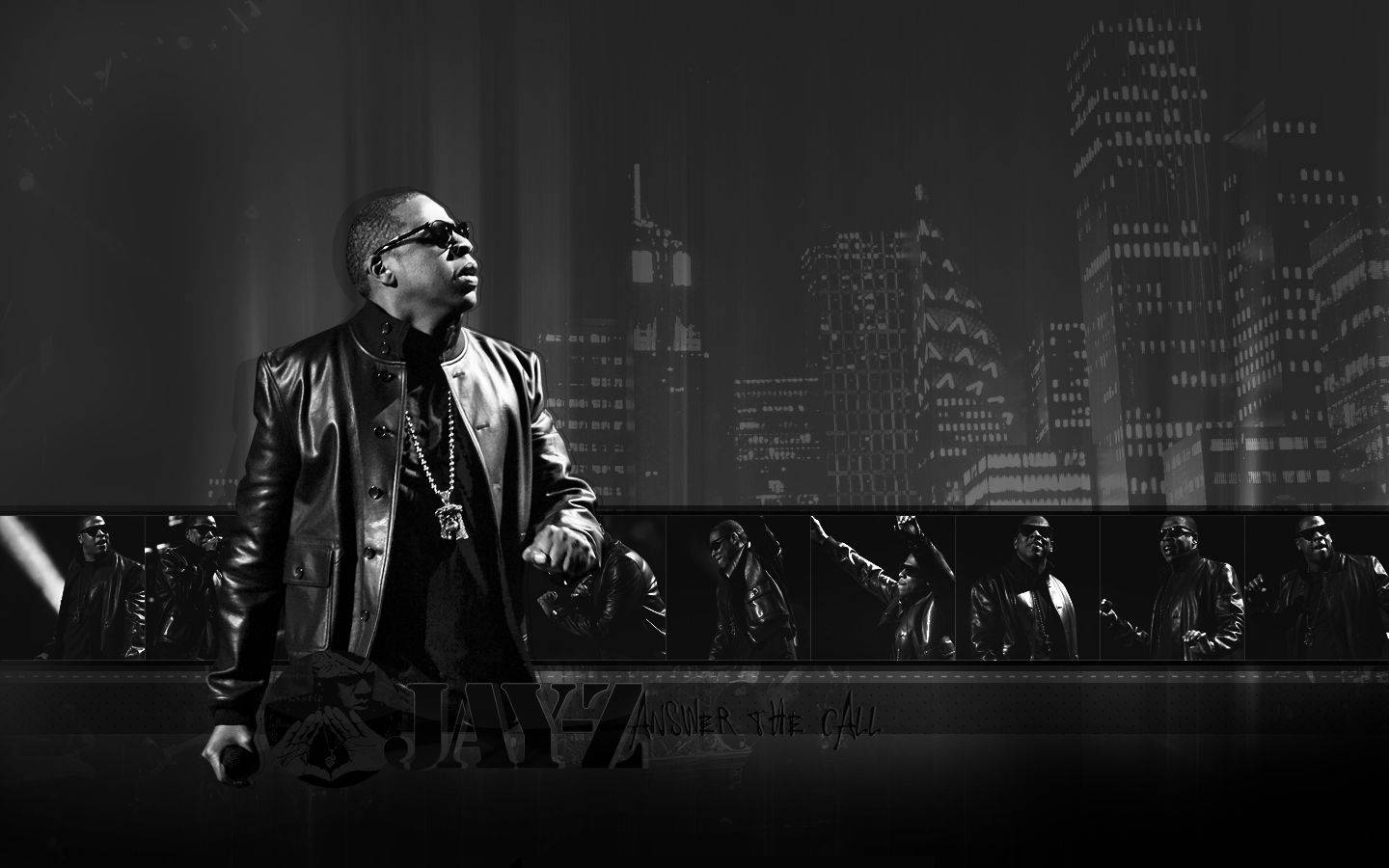 Jay-Z 攝影棚黑白照 壁紙 — Jay-Z 身穿皮褸站在城市天際線前的黑白肖像，下方有多個動作姿勢。