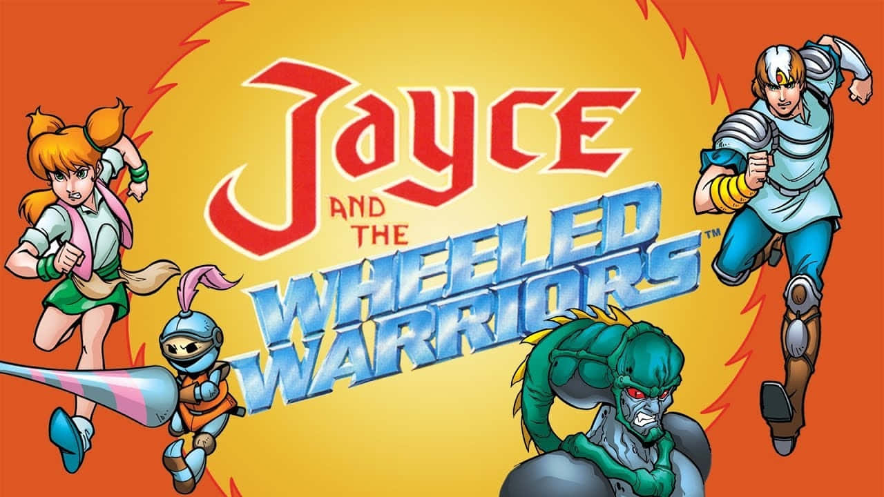  壁紙 — 《Jayce and the Wheeled Warriors》嘅鮮豔卡通海報，四個充滿動感嘅角色喺火辣辣嘅橙色同黃色背景前。