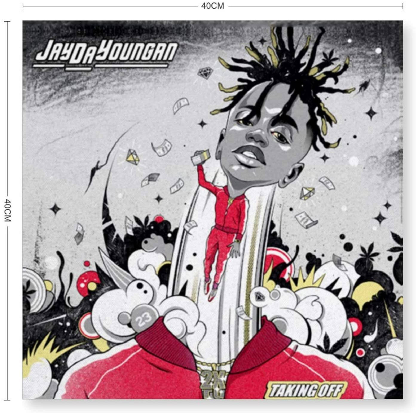 JayDaYoungan《Taking Off》歌曲 壁紙 — JayDaYoungan 身穿紅色西裝，在金錢和星星環繞下向上飛升的風格化插圖。