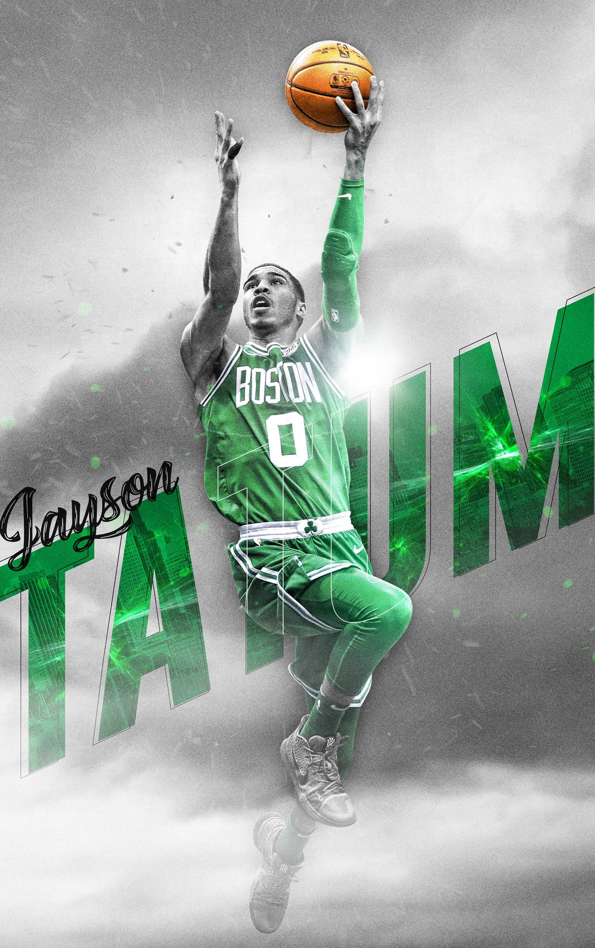Jayson Tatum 在半空中灌籃，身穿綠色塞爾特人球衣，背後有發光的綠色文字。