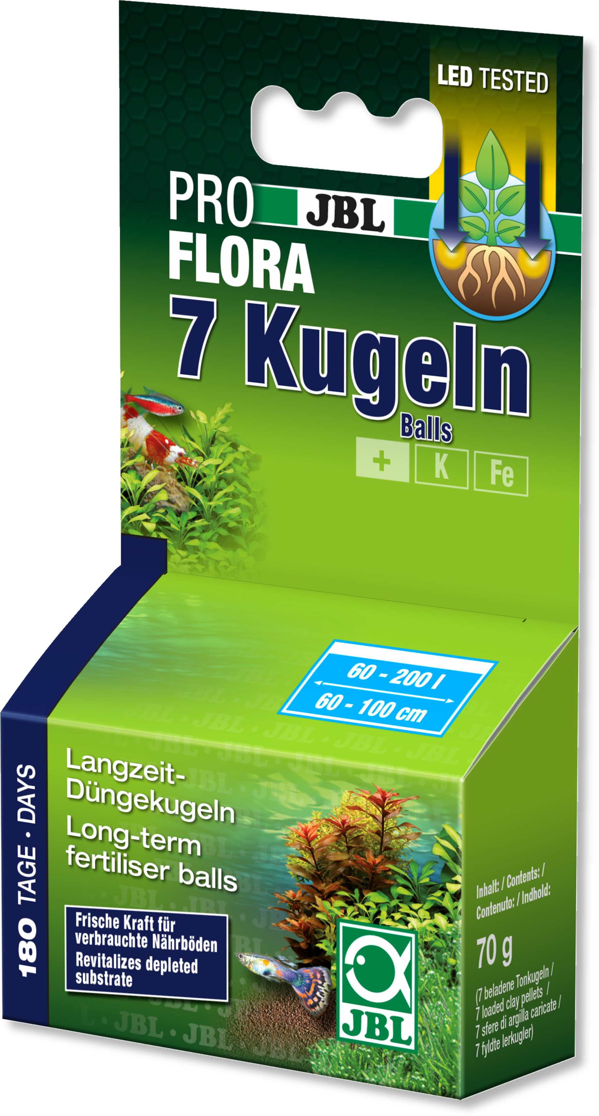 JBL ProFlora 7 Kugeln 肥料球包裝 壁紙 — 一個綠色盒子，內含JBL Pro Flora 7水族箱肥料球，帶有魚類和植物圖案。
