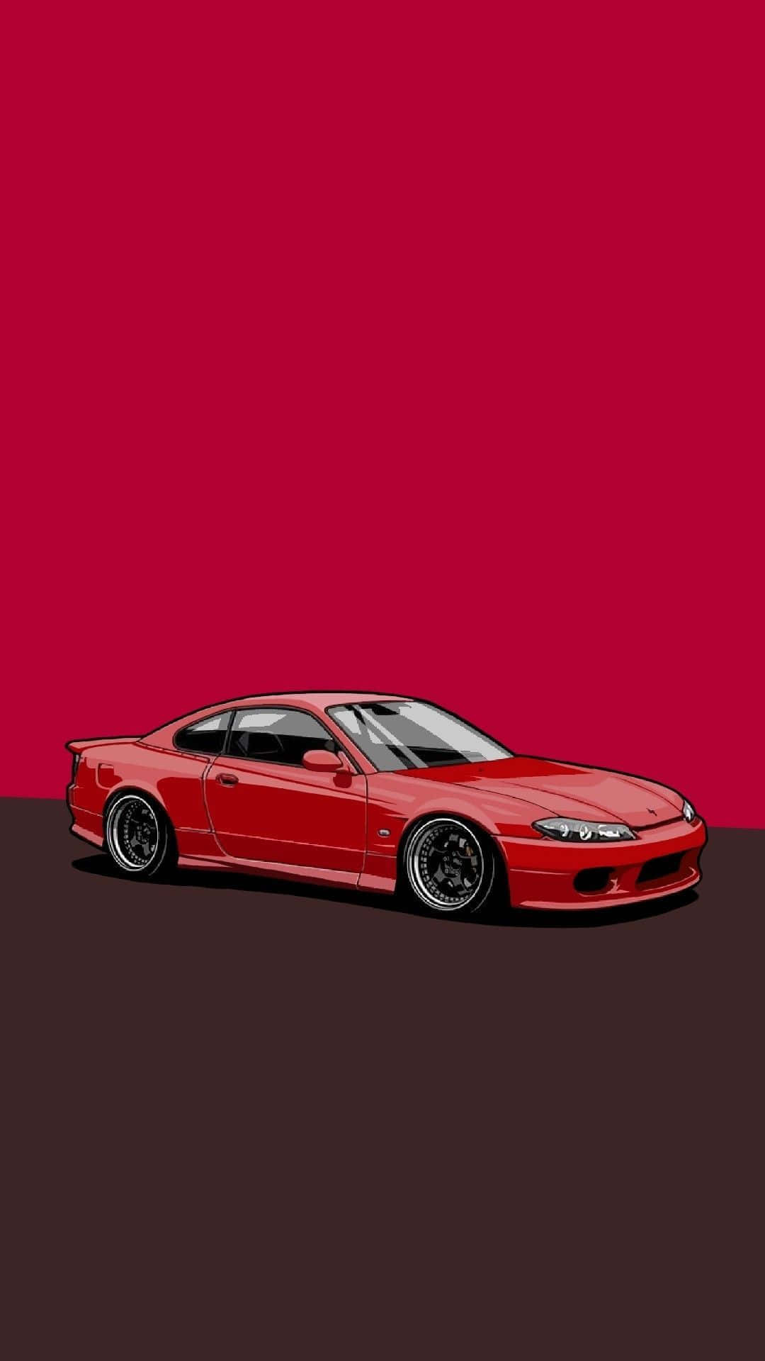 JDM 藝術 - 震撼色彩與性能 壁紙 — 一輛時尚的紅色跑車配黑色輪圈，低趴於深棕色地板上，背景為大膽的深紅色。