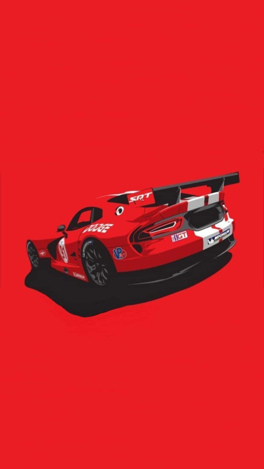 JDM藝術紅色Chrysler Viper 壁紙 — 一輛時尚的紅色賽車帶有白色飾邊和大型後翼，傾斜在純紅色背景上。