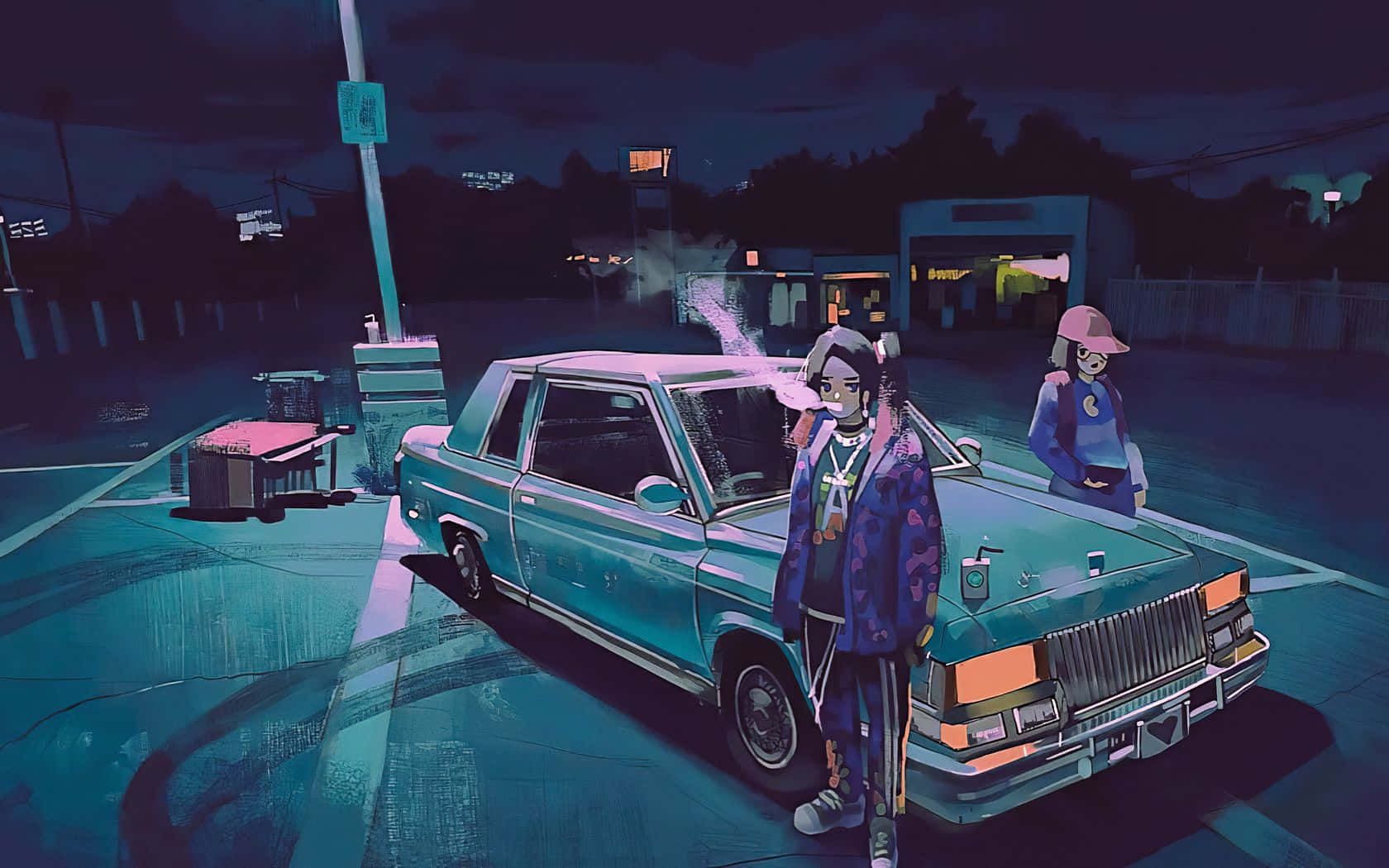 兩個動漫角色在夜晚靠近一輛發光的藍綠色汽車，身處霓虹燈照亮的停車場。
