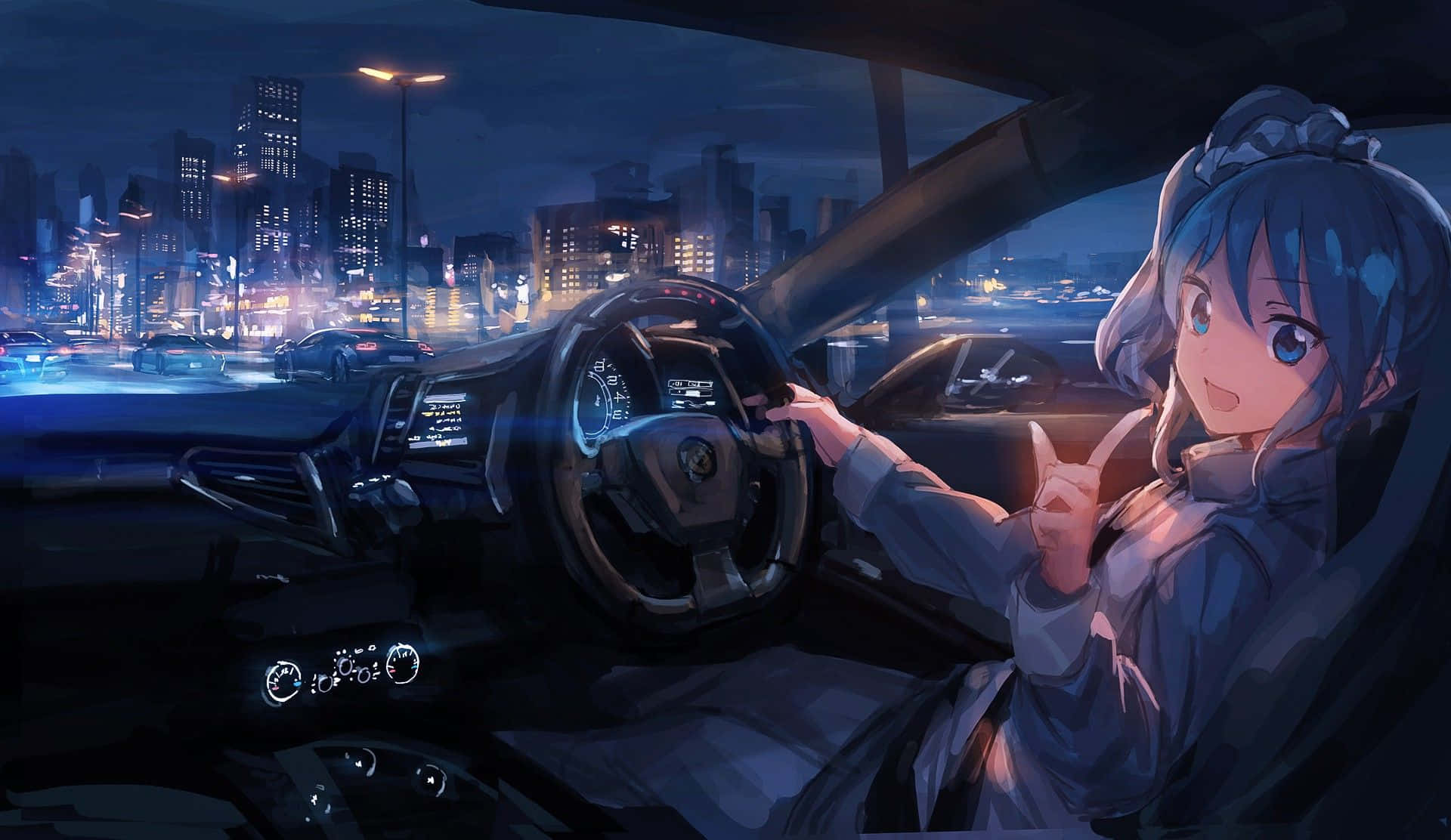 動漫女孩微笑著駕駛汽車穿過充滿活力的夜景。