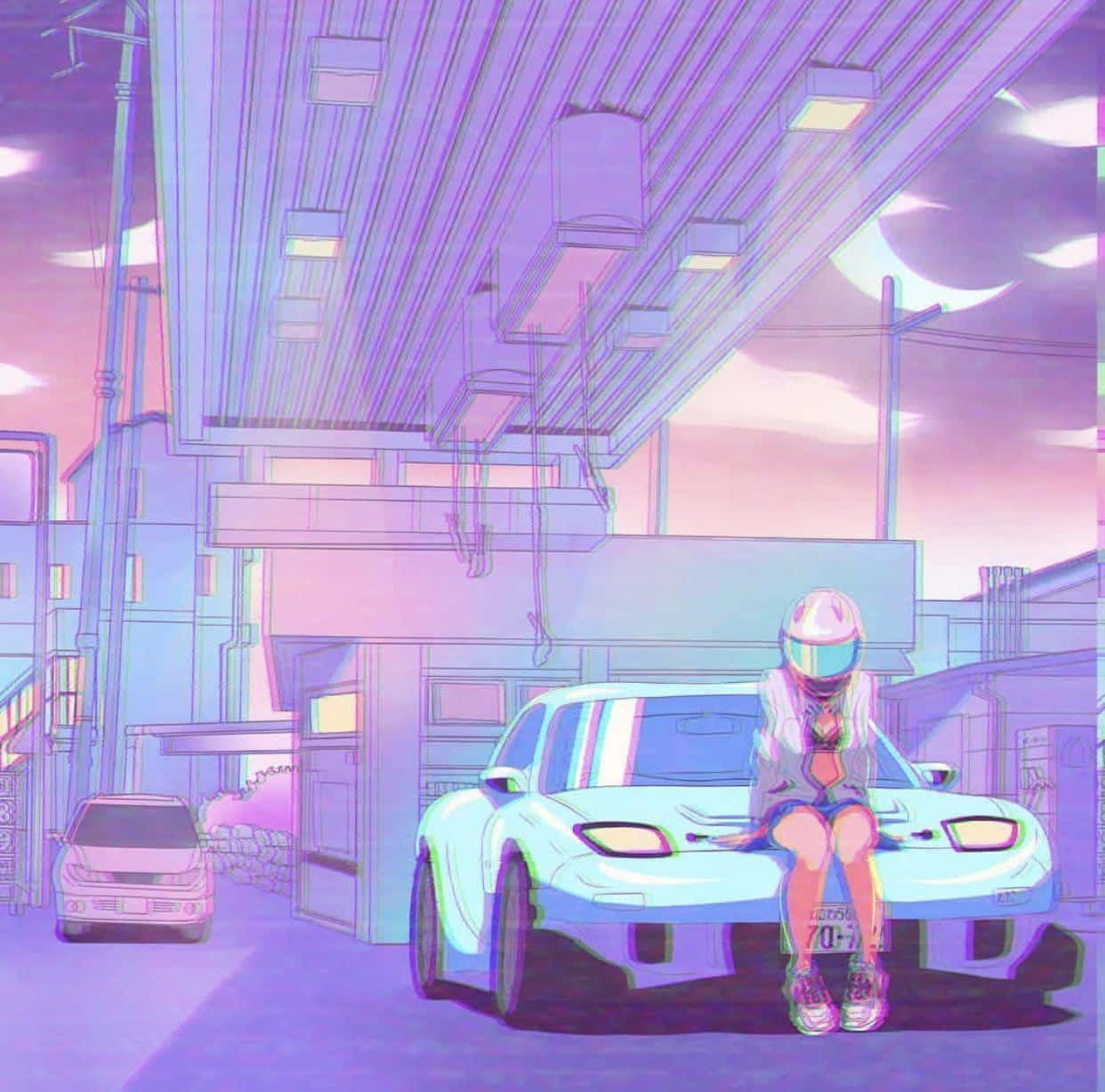 戴頭盔的動漫女孩坐在霓虹燈照亮的小巷中的未來主義汽車上。