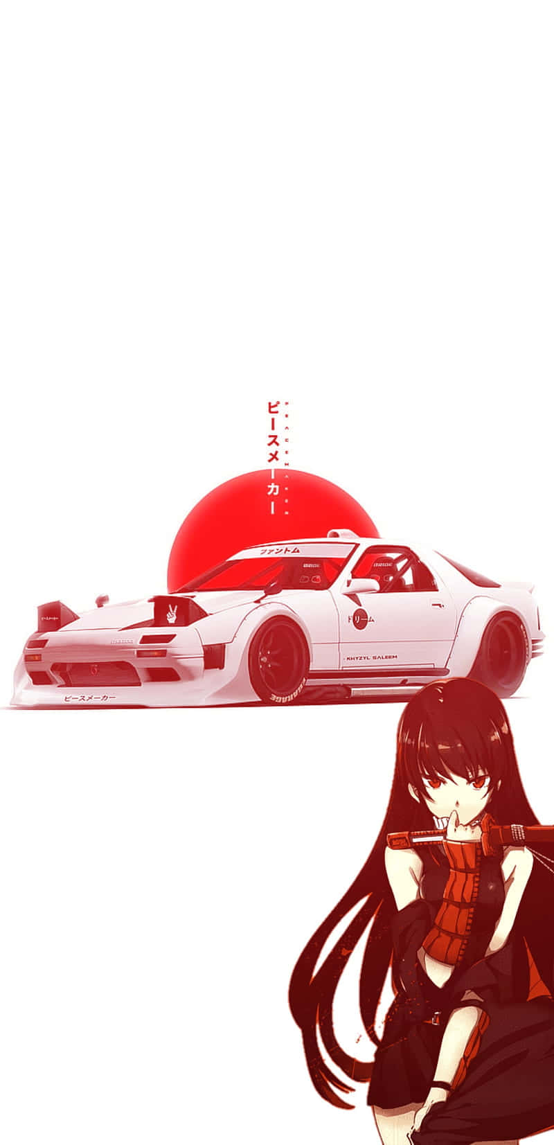 動漫女孩手持步槍，站在白色跑車旁，背景為紅色太陽。