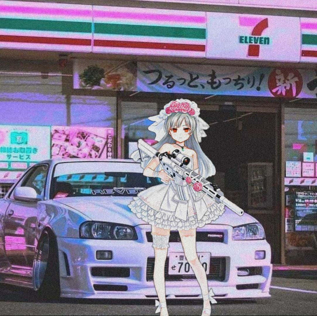 動畫女僕在霓虹燈下，站在7-eleven和白色跑車前手持步槍。