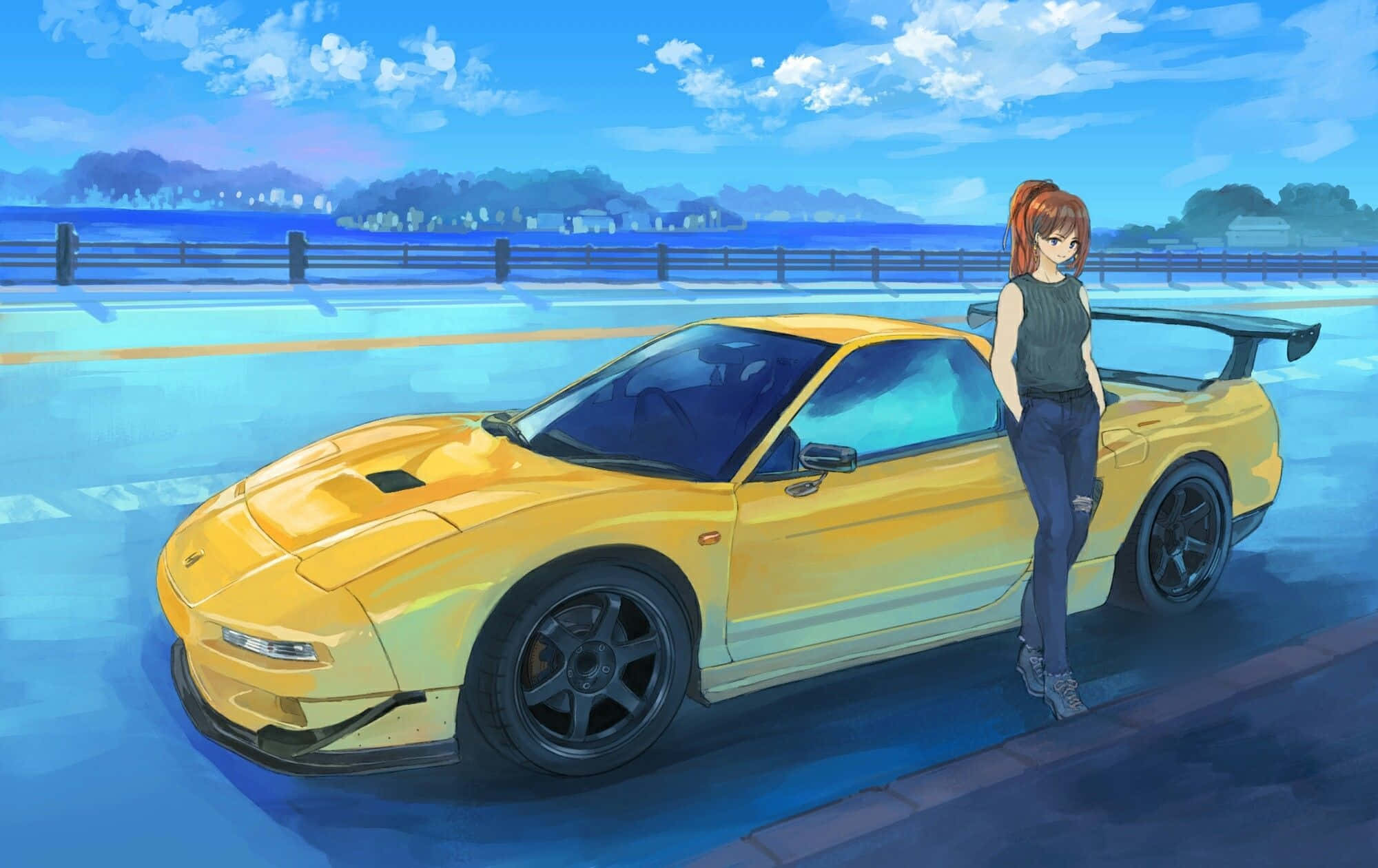 JDM藝術之美 壁紙 — 一輛充滿活力的黃色跑車，一個女孩在明亮的藍天下靠在海邊公路上。