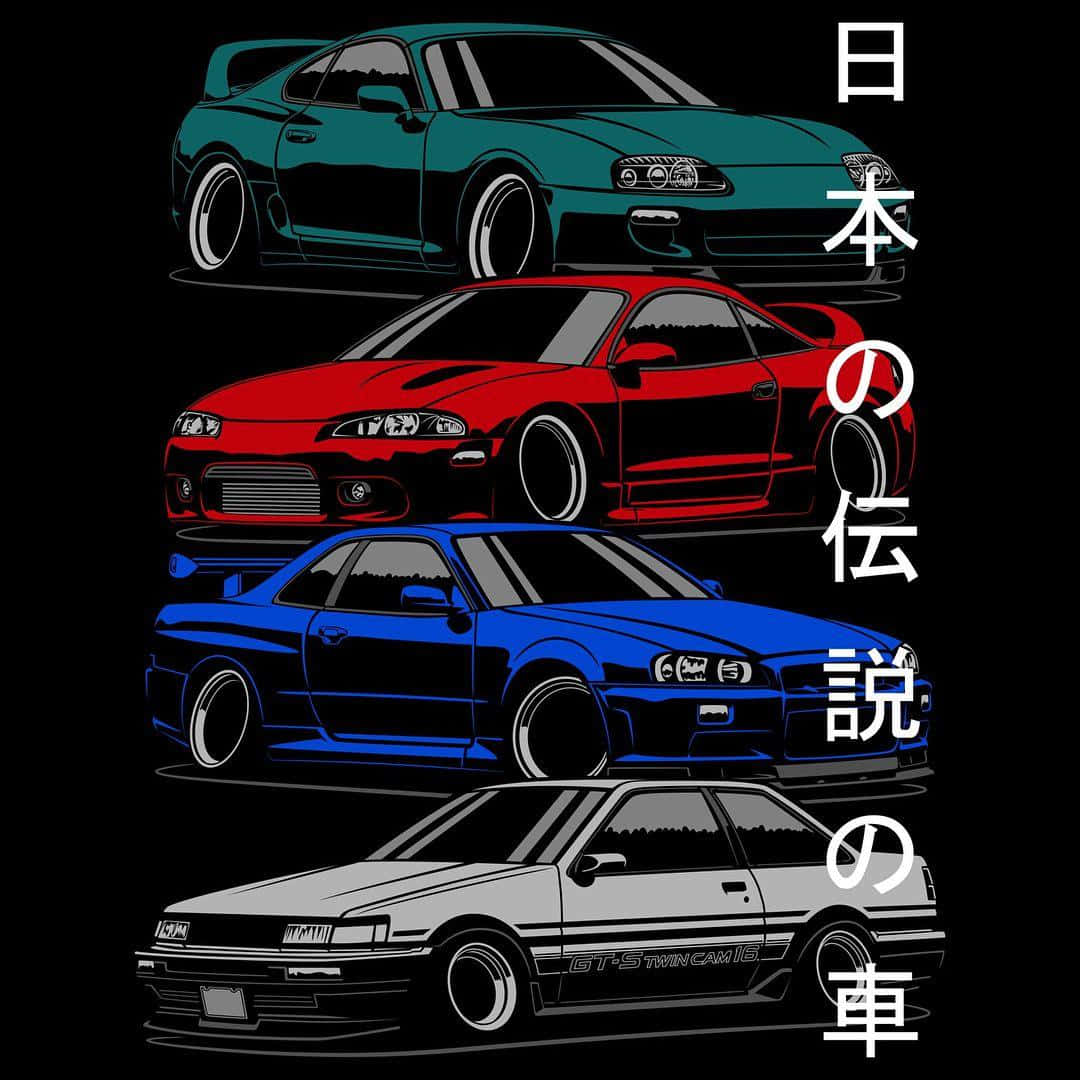 JDM藝術彩色賽車海報 壁紙 — 四輛標誌性日本跑車以鮮豔色彩垂直堆疊在黑色背景上，並帶有垂直日文字。