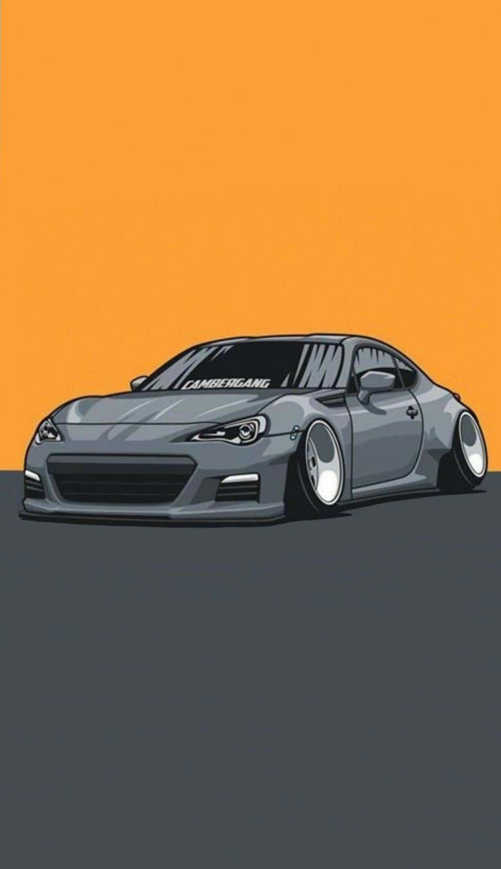 JDM藝術深黃灰調 壁紙 — 一輛時尚的灰色跑車，配備定制車輪和「CAMBERGANG」貼花，在醒目的橙色和灰色背景前展示。