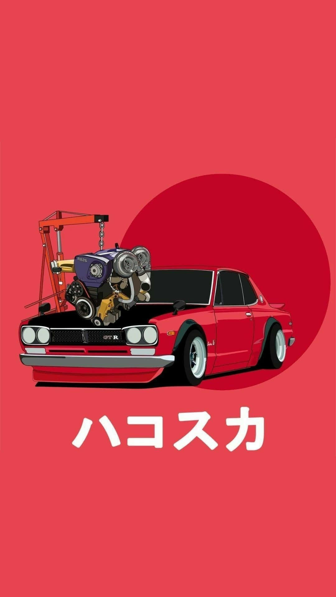 JDM藝術粉紅色 壁紙 — 一輛紅色經典汽車，引擎蓋上裝有巨型引擎，背景為大膽的紅色，帶有日文字。