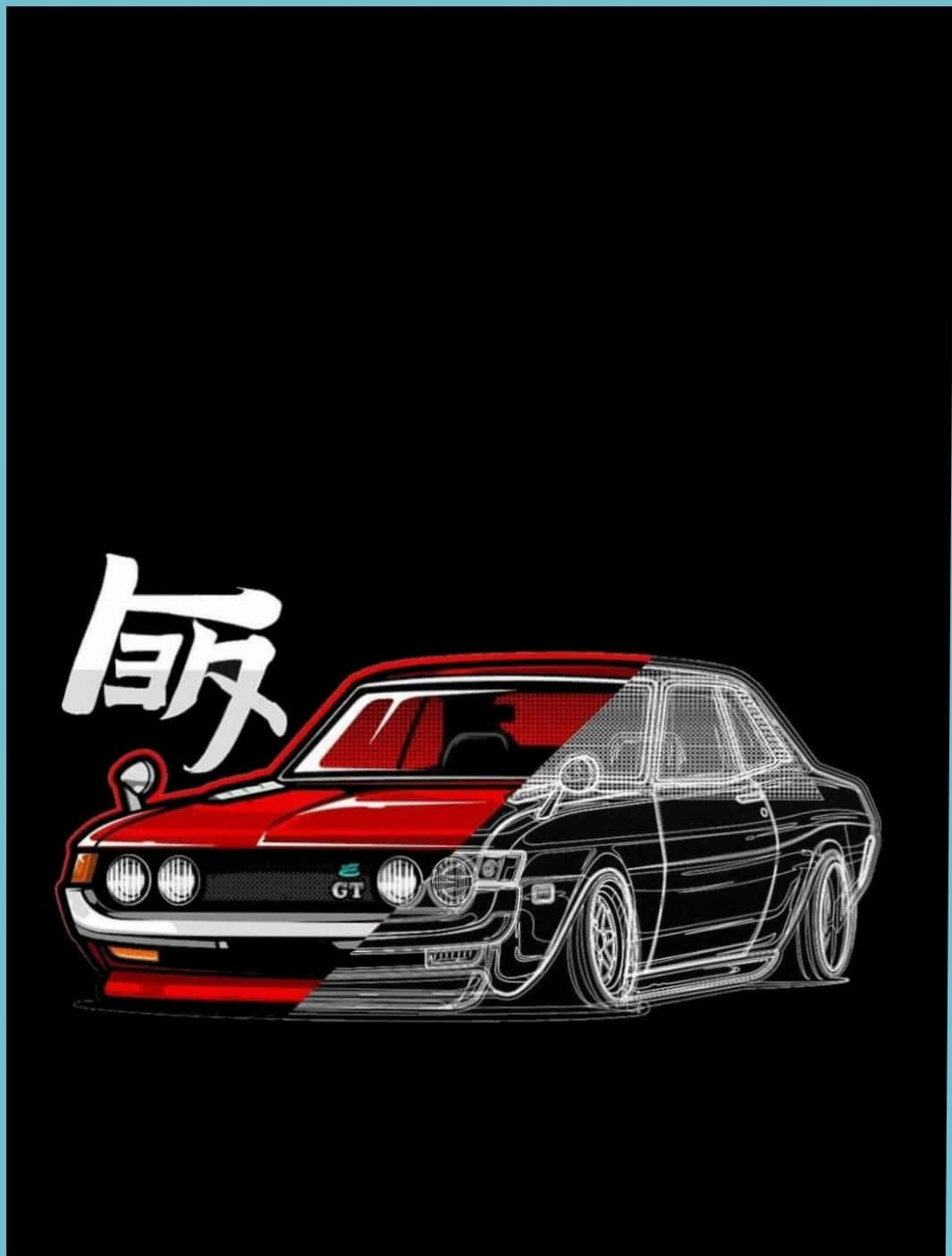 JDM藝術黑紅復古車 壁紙 — 一輛紅黑相間的經典跑車插圖，帶有白色線框細節，背景為深色。