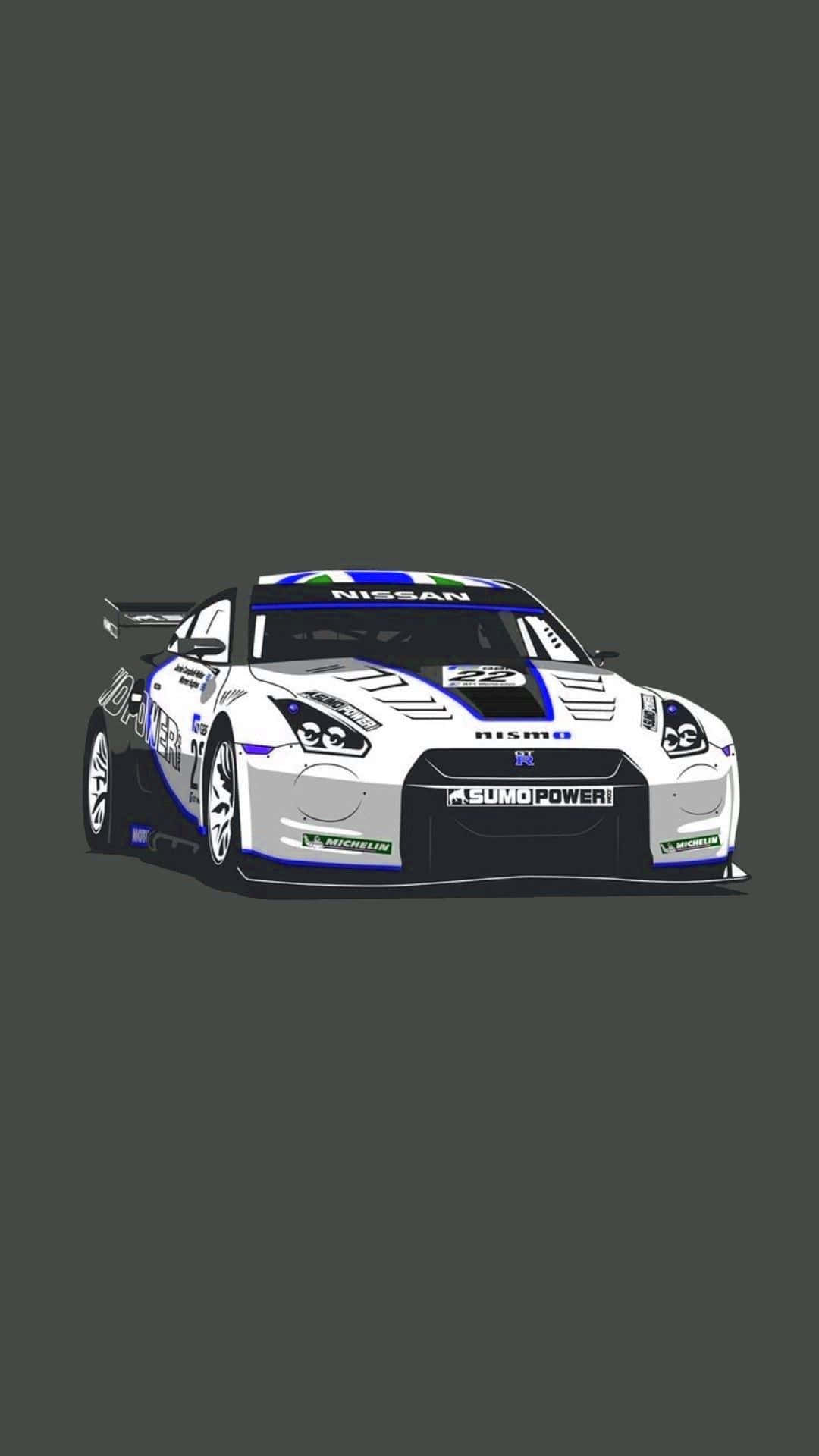 深灰色背景上帶有Sumo Power塗裝的白色和藍色日產GT-R賽車。