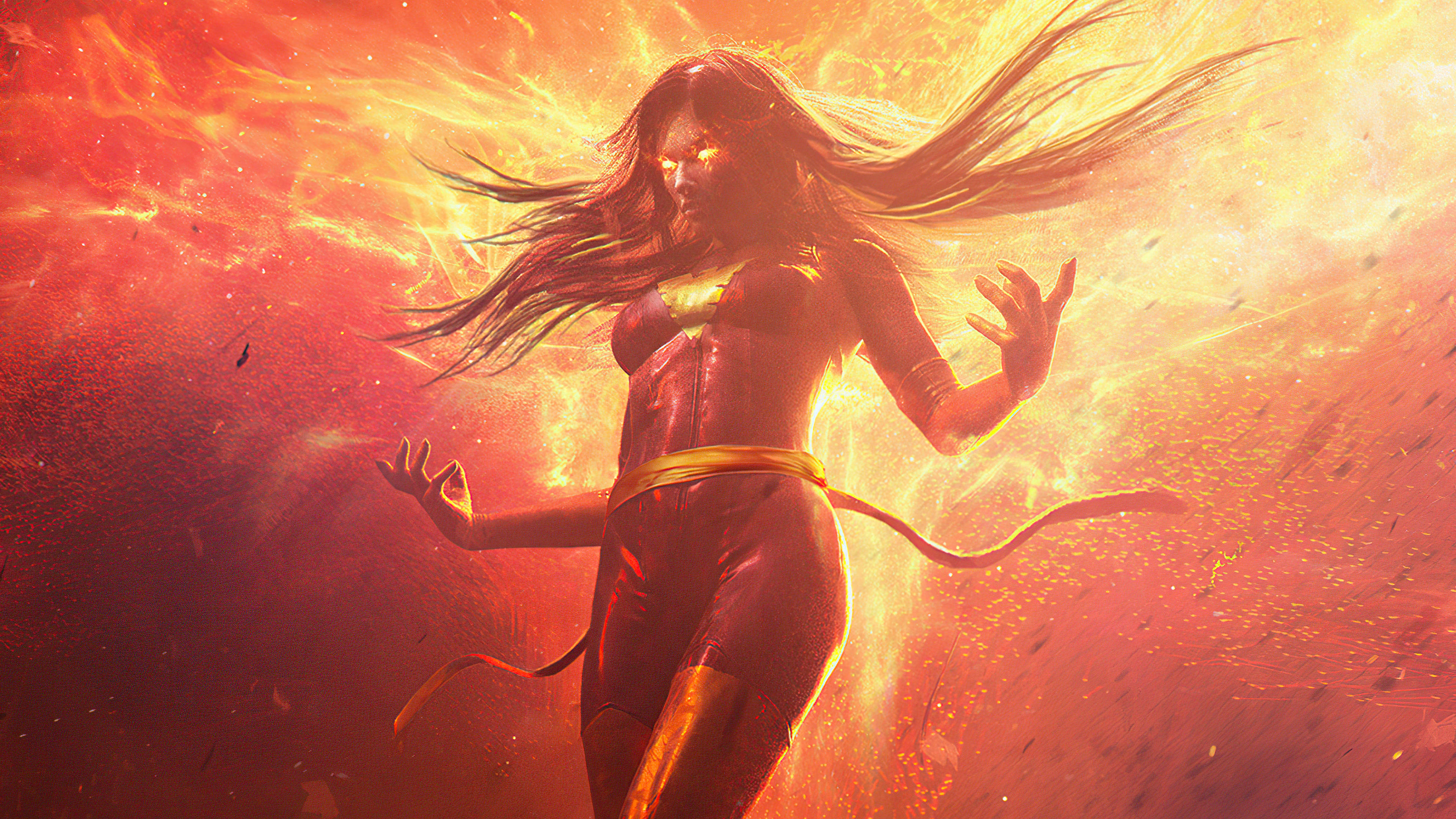 神話中的Jean Grey 壁紙 — 一位火熱的女超級英雄，眼睛發光，頭髮飄逸，站在旋轉的火焰和餘燼中，處於耀眼的橙色和紅色爆炸中。