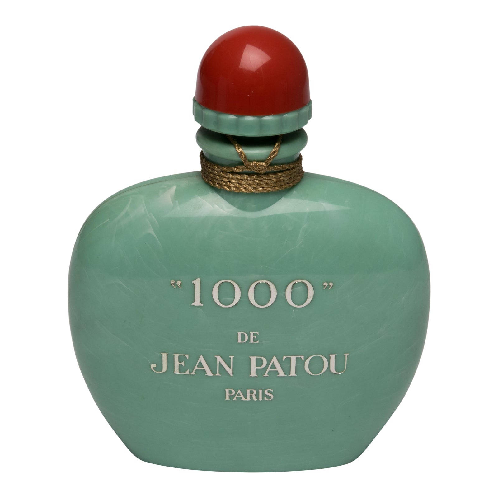Jean Patou 1000 香水 壁紙 — 復古綠色陶瓷香水瓶，紅色蓋子，金色繩索細節，標籤為 1000 de Jean Patou Paris。